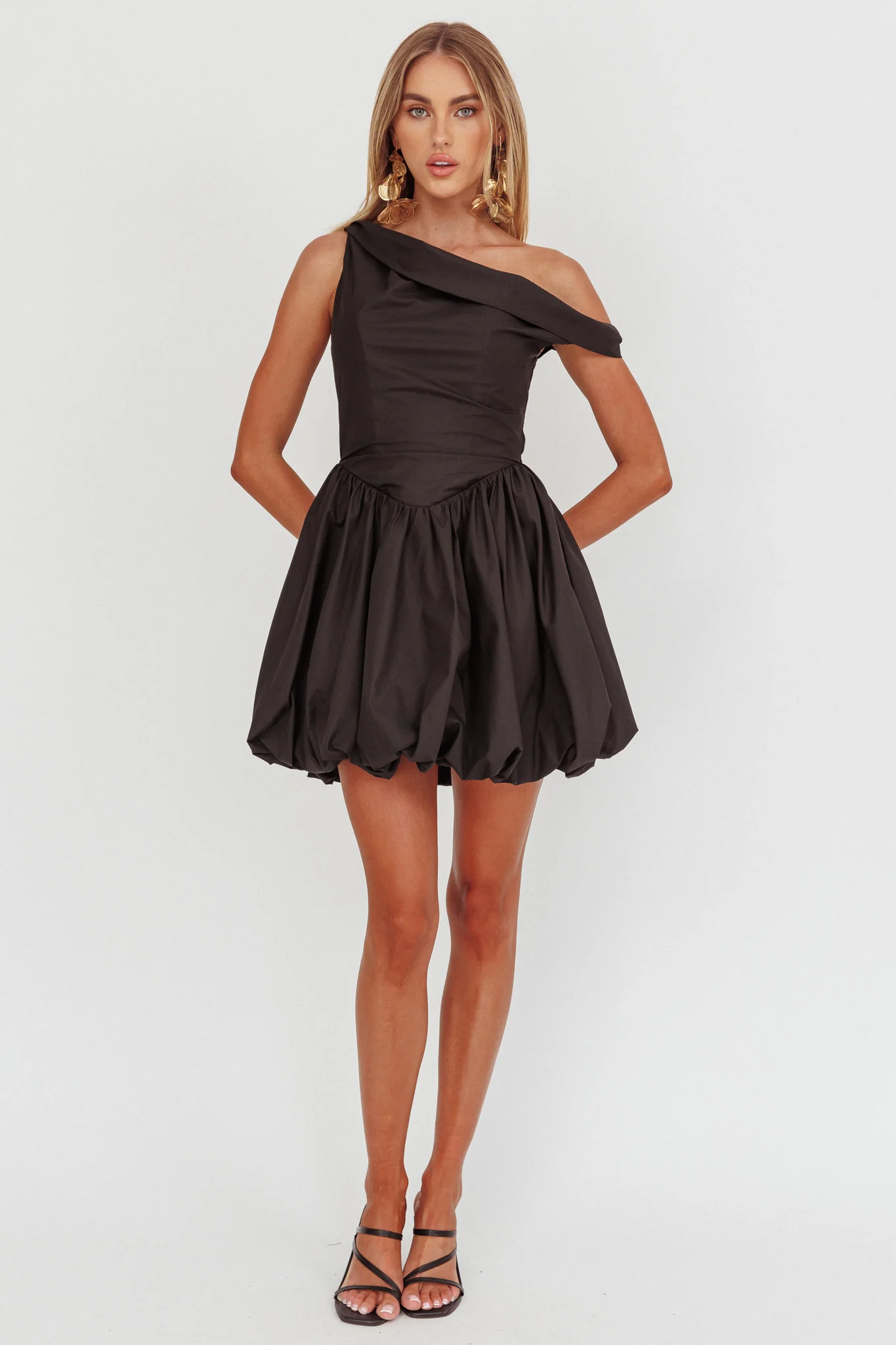 Celinda Asymmetric Neckline Balloon Mini Dress Black