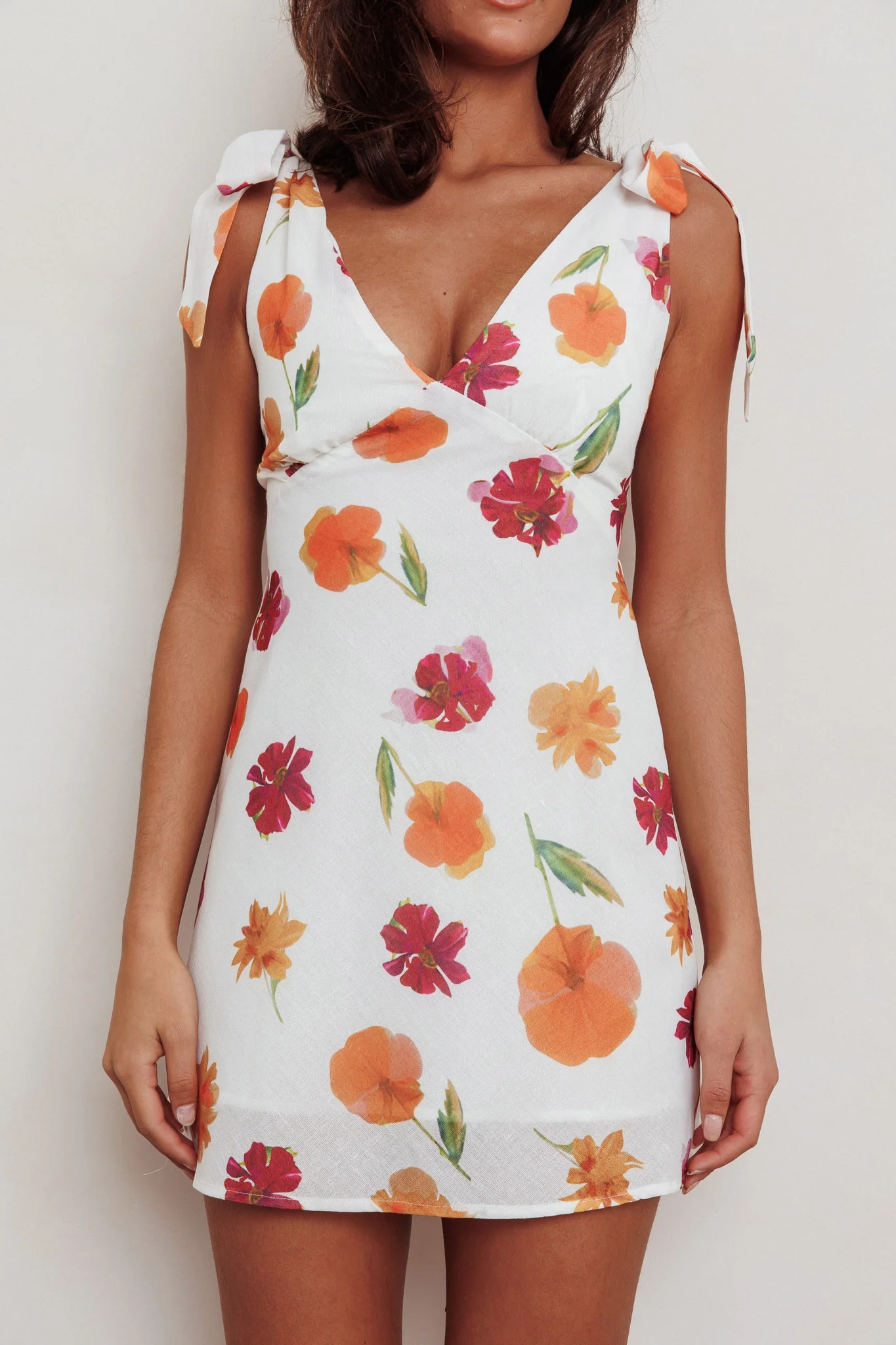 Mykonos Morning Tied Shoulder Mini Dress Flower Orange