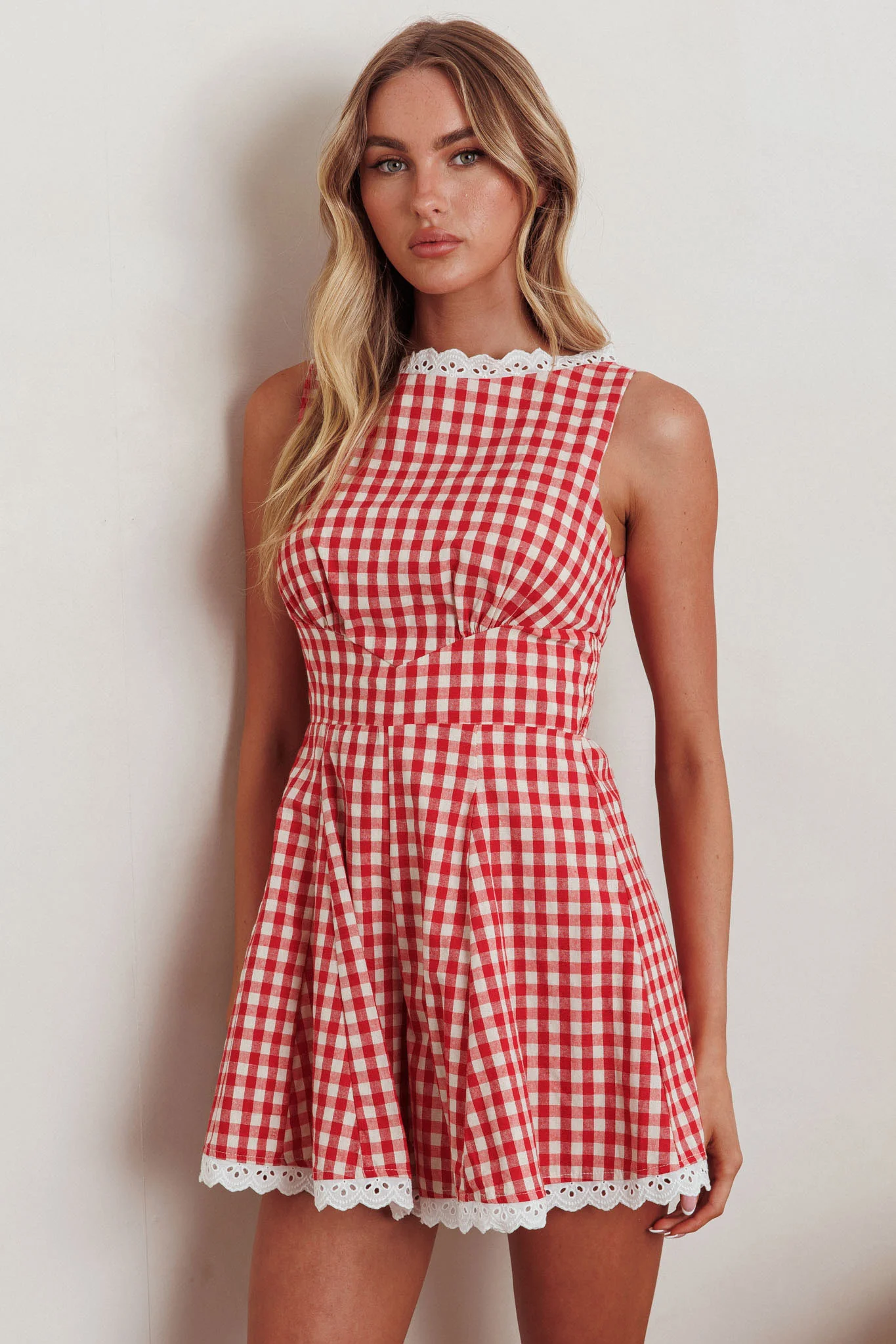 Loving Me Sleeveless Romper Gingham Red