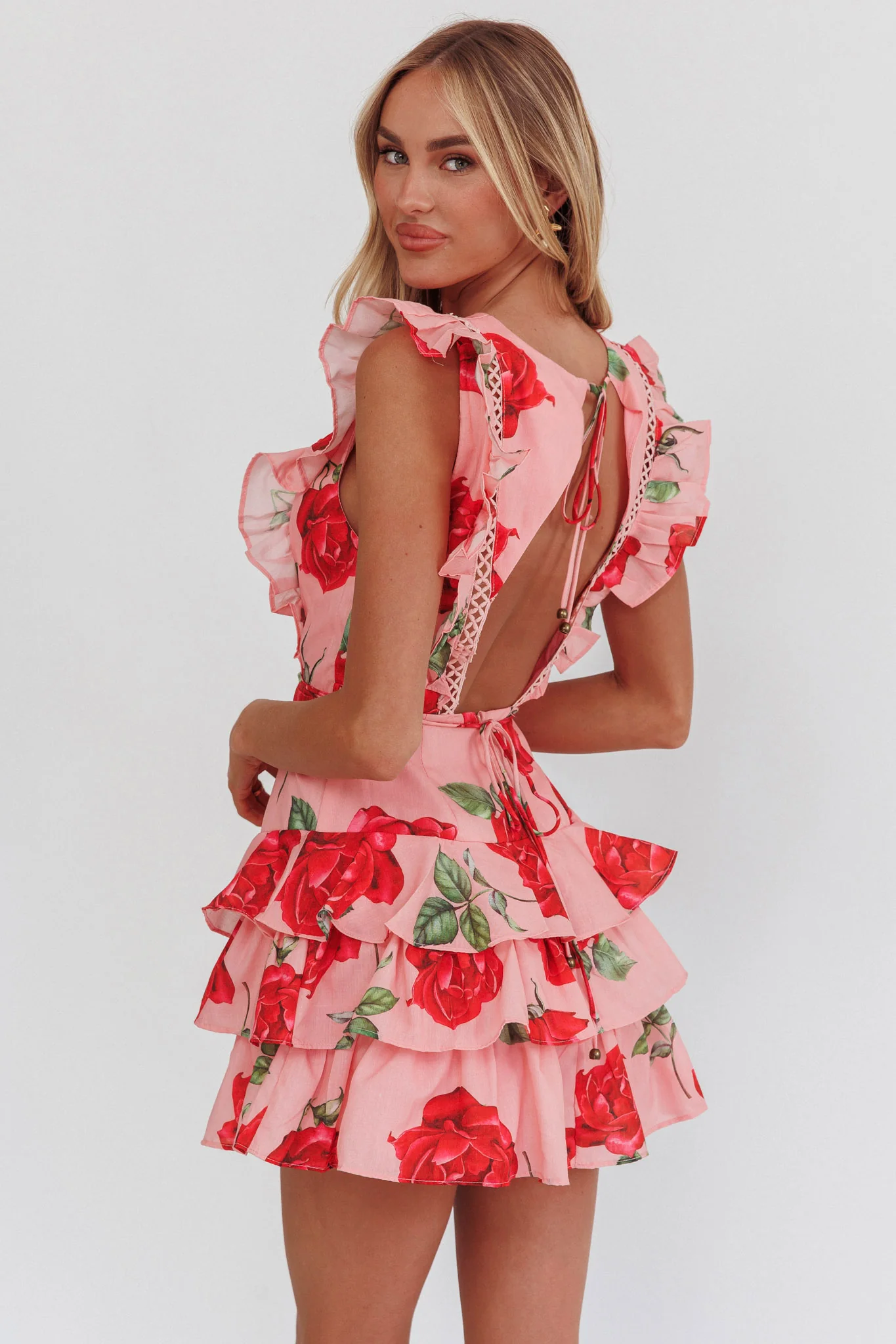 Weekend Muse Sleeveless Layered Frill Romper Rose