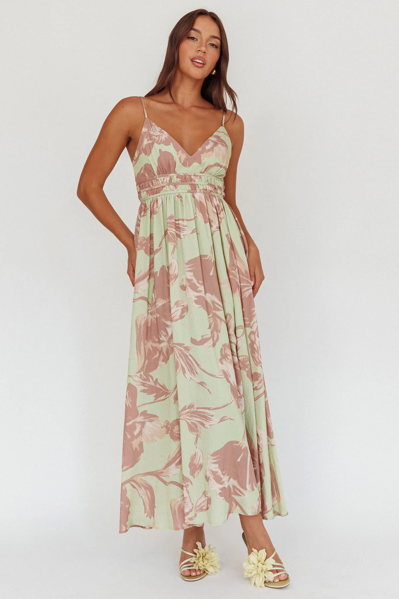 Sunny Afternoon Gathered Waist Maxi Dress Floral Sage