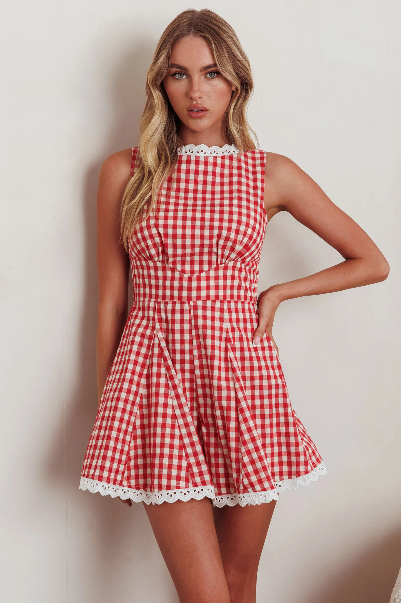 Loving Me Sleeveless Romper Gingham Red