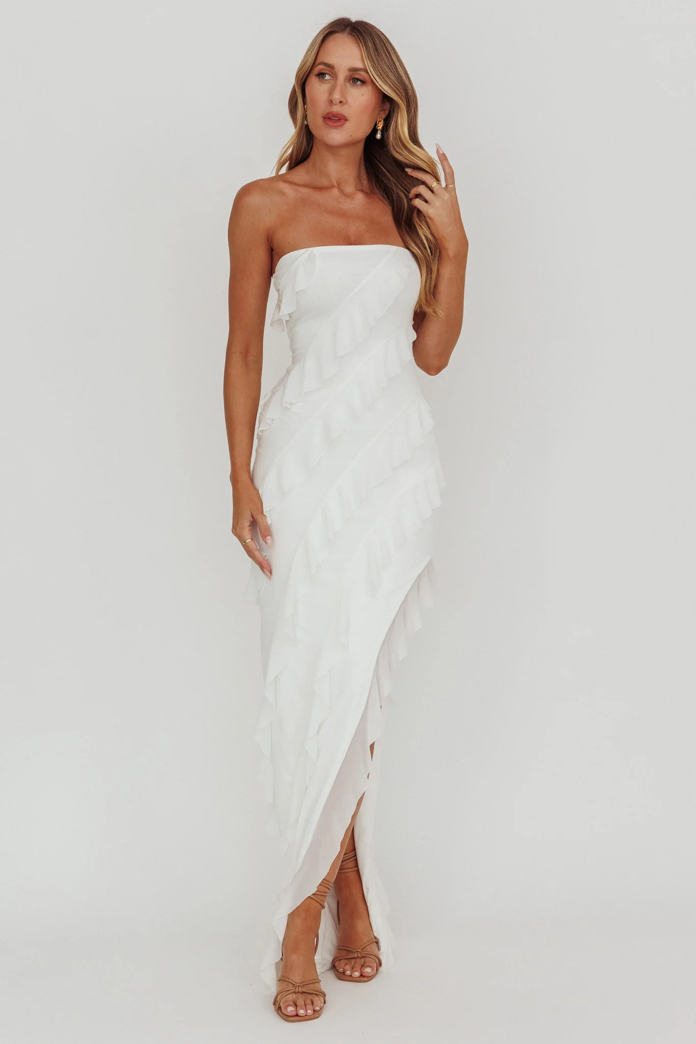 Just Friends Strapless Ruffle Maxi Dress Off White