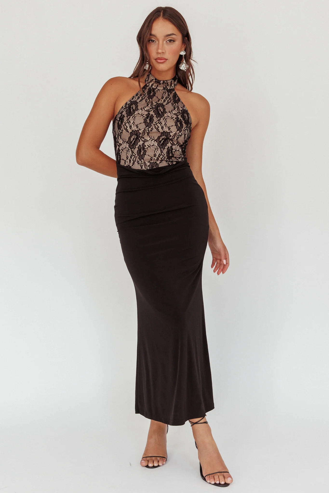 Lovelight Lace Bodice Halter Maxi Dress Black