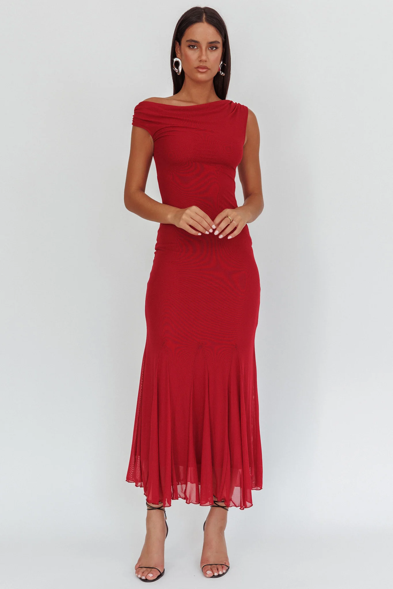 Diana Asymmetric Shoulder Godet Maxi Dress Wine