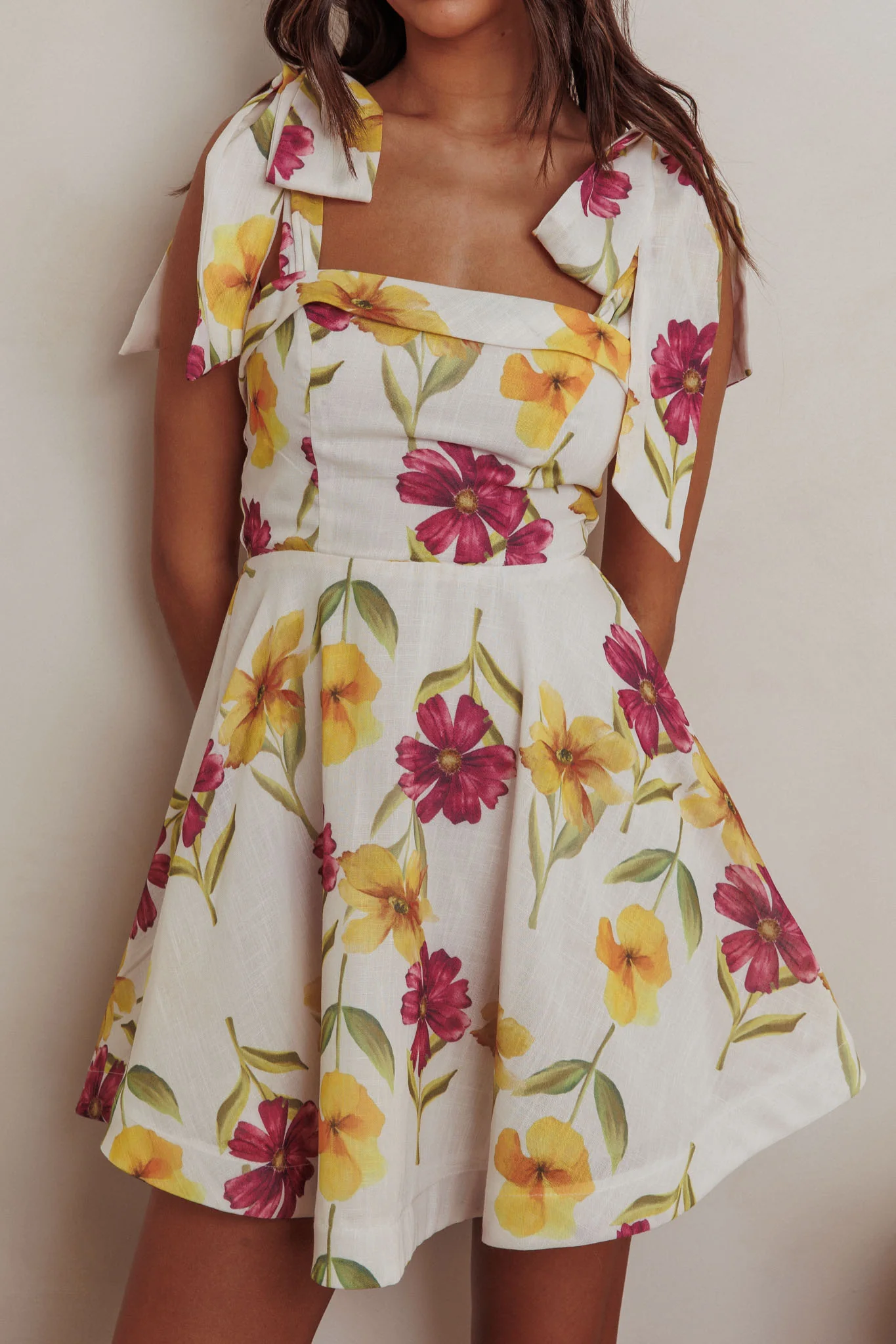 Jeanie Tied Shoulder Mini Dress Flower Purple