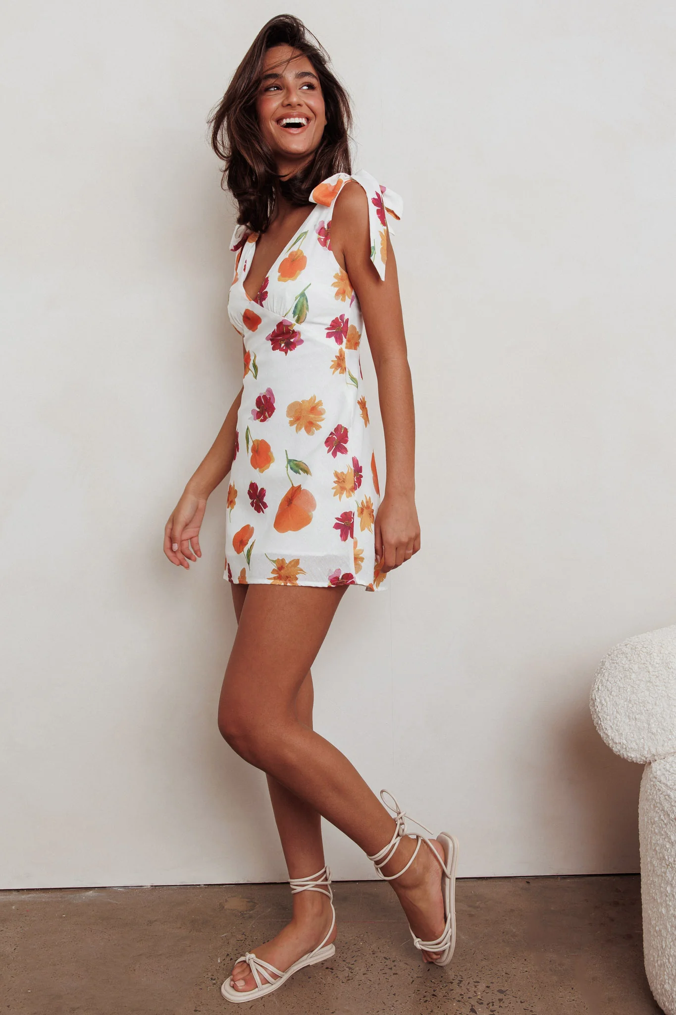 Mykonos Morning Tied Shoulder Mini Dress Flower Orange