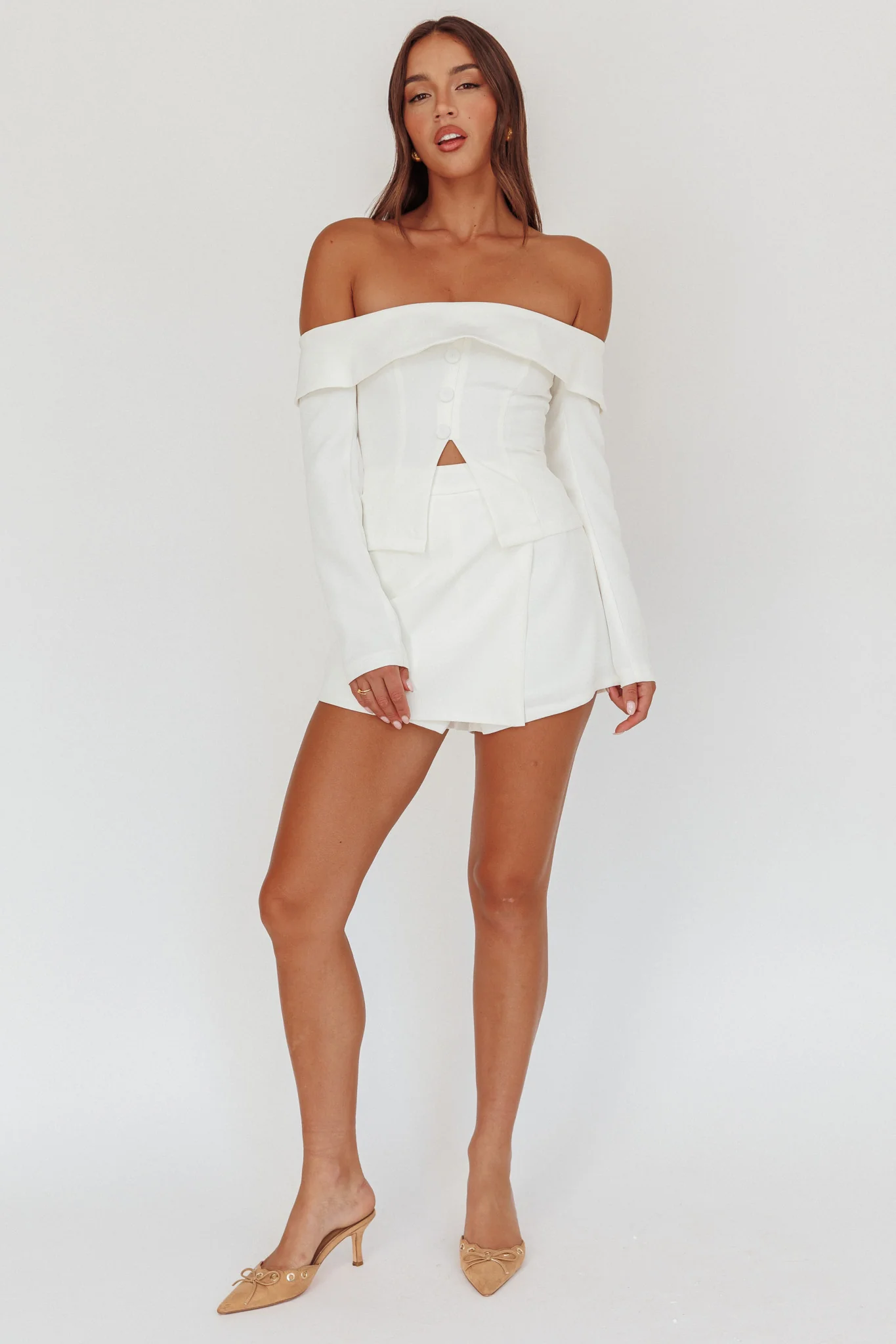 Adalis High Waist Wrap Front Shorts Off White