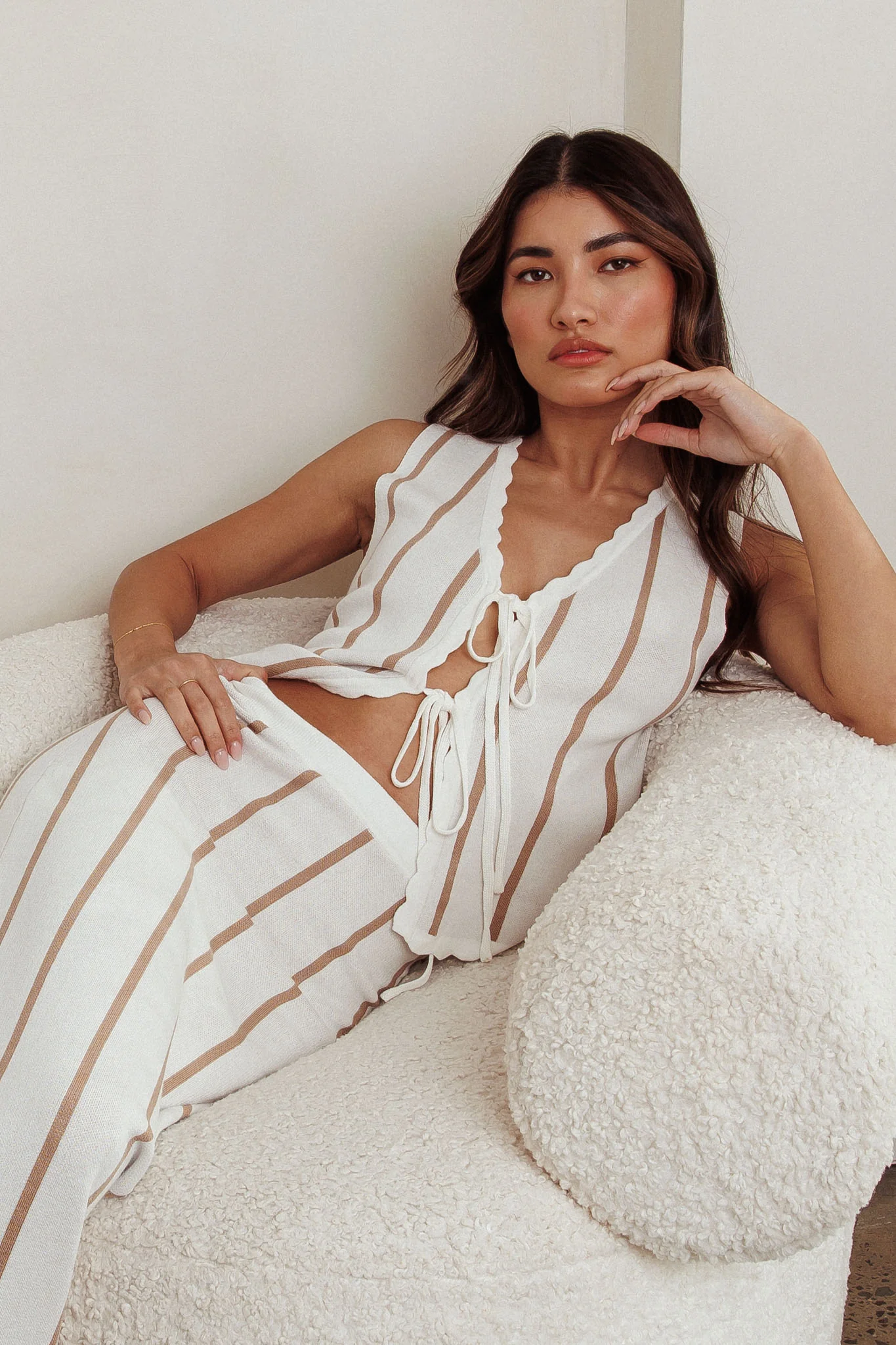 Aster Sleeveless Knit Front Tie Top Beige