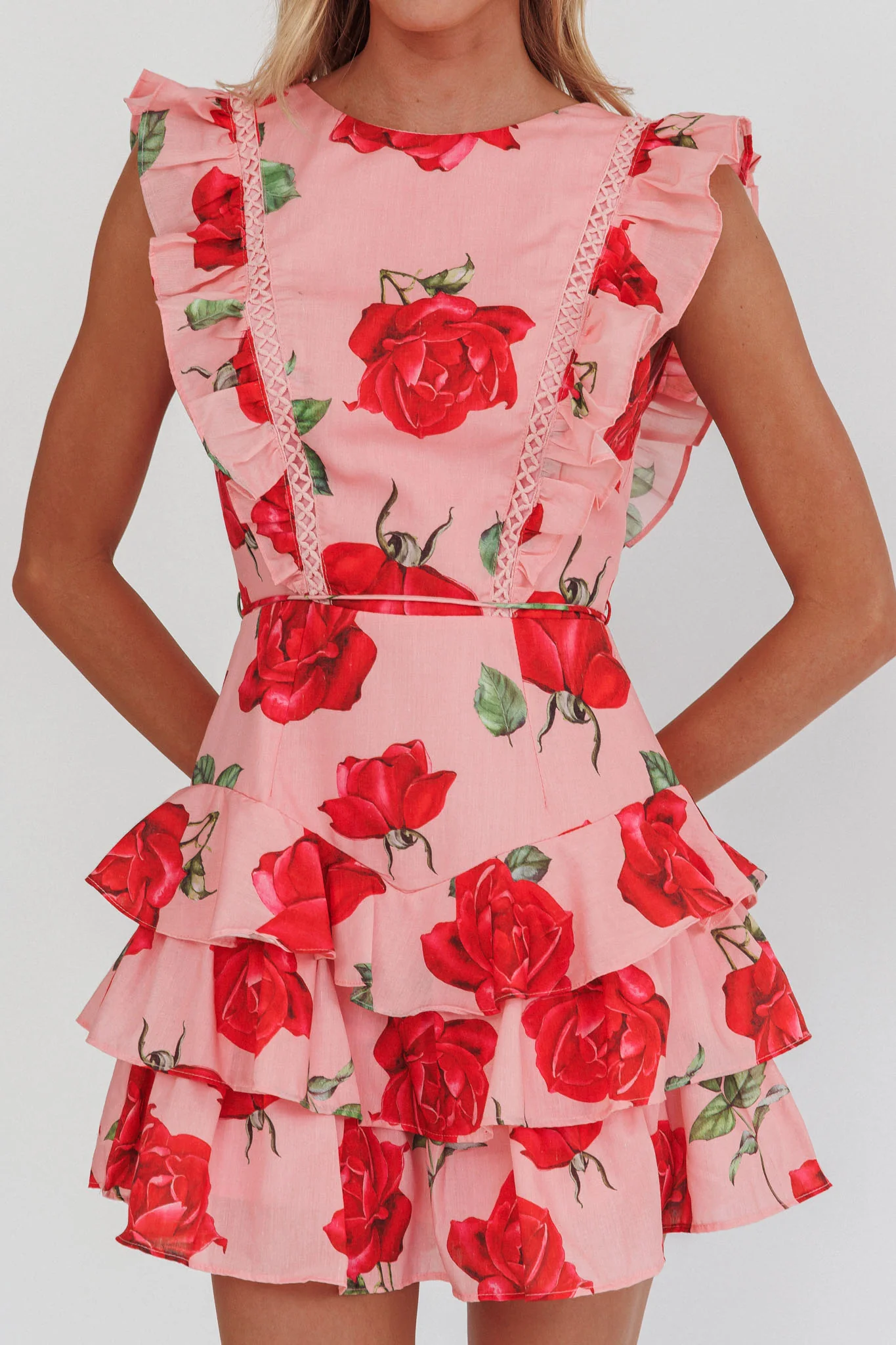 Weekend Muse Sleeveless Layered Frill Romper Rose