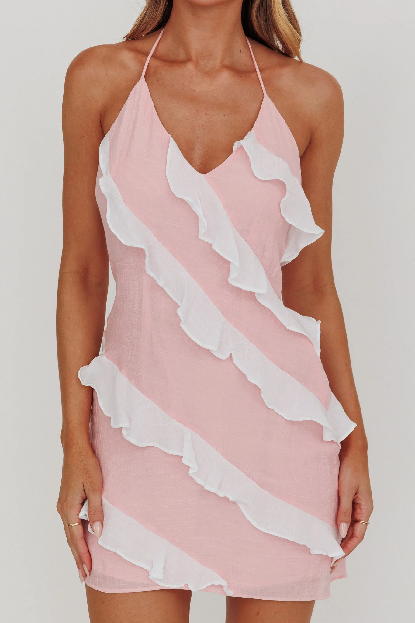 Arrabel Halterneck Contrast Ruffle Mini Dress Pink