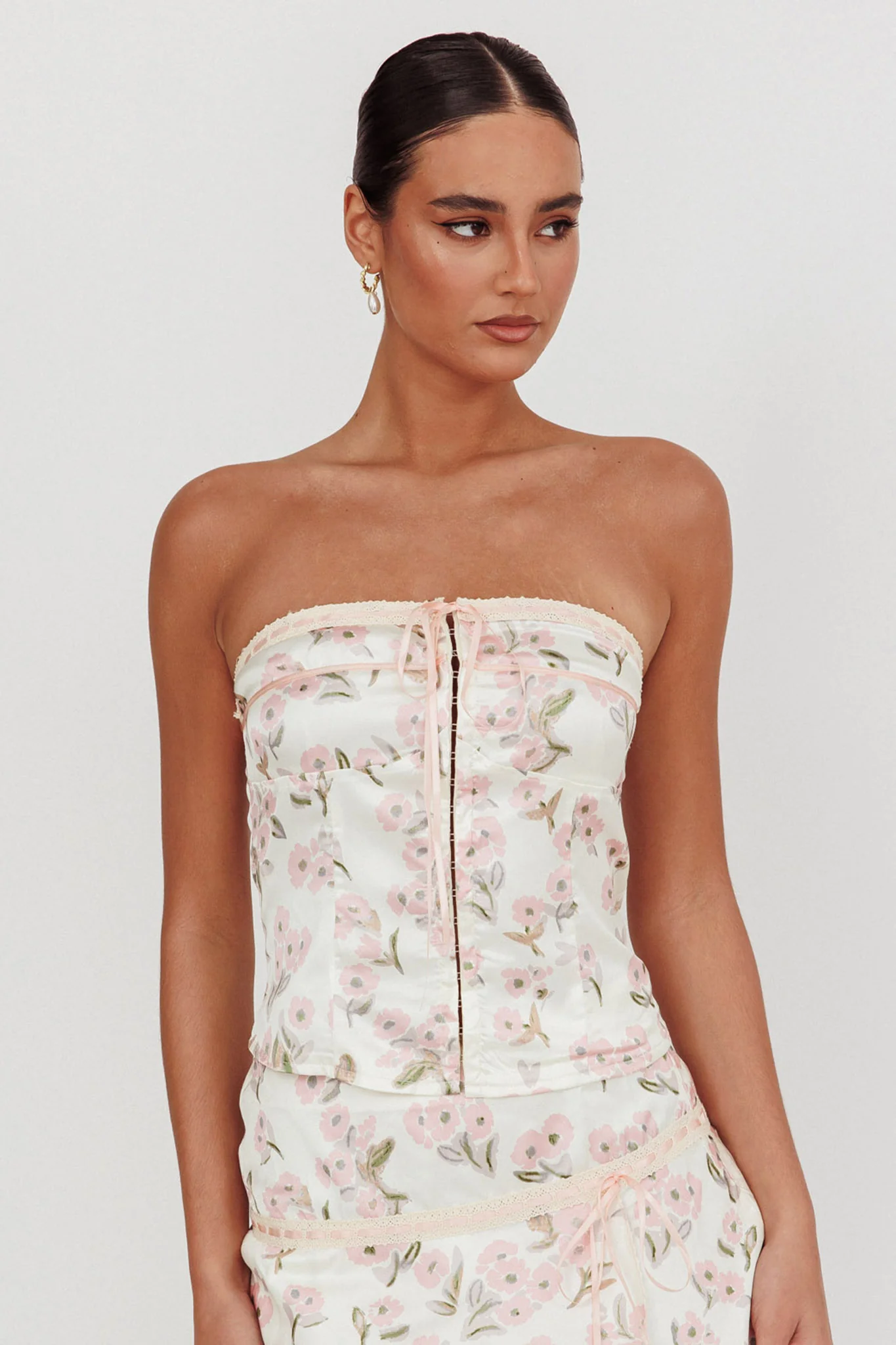 Tiya Strapless Ribbon Top Floral Pink