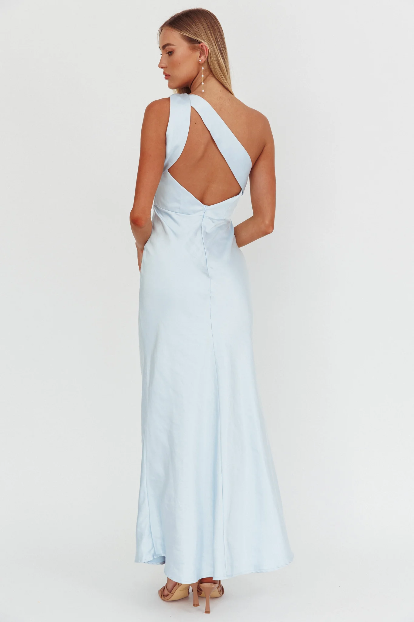 Fly Love Satin One Shoulder Maxi Dress Sky Blue