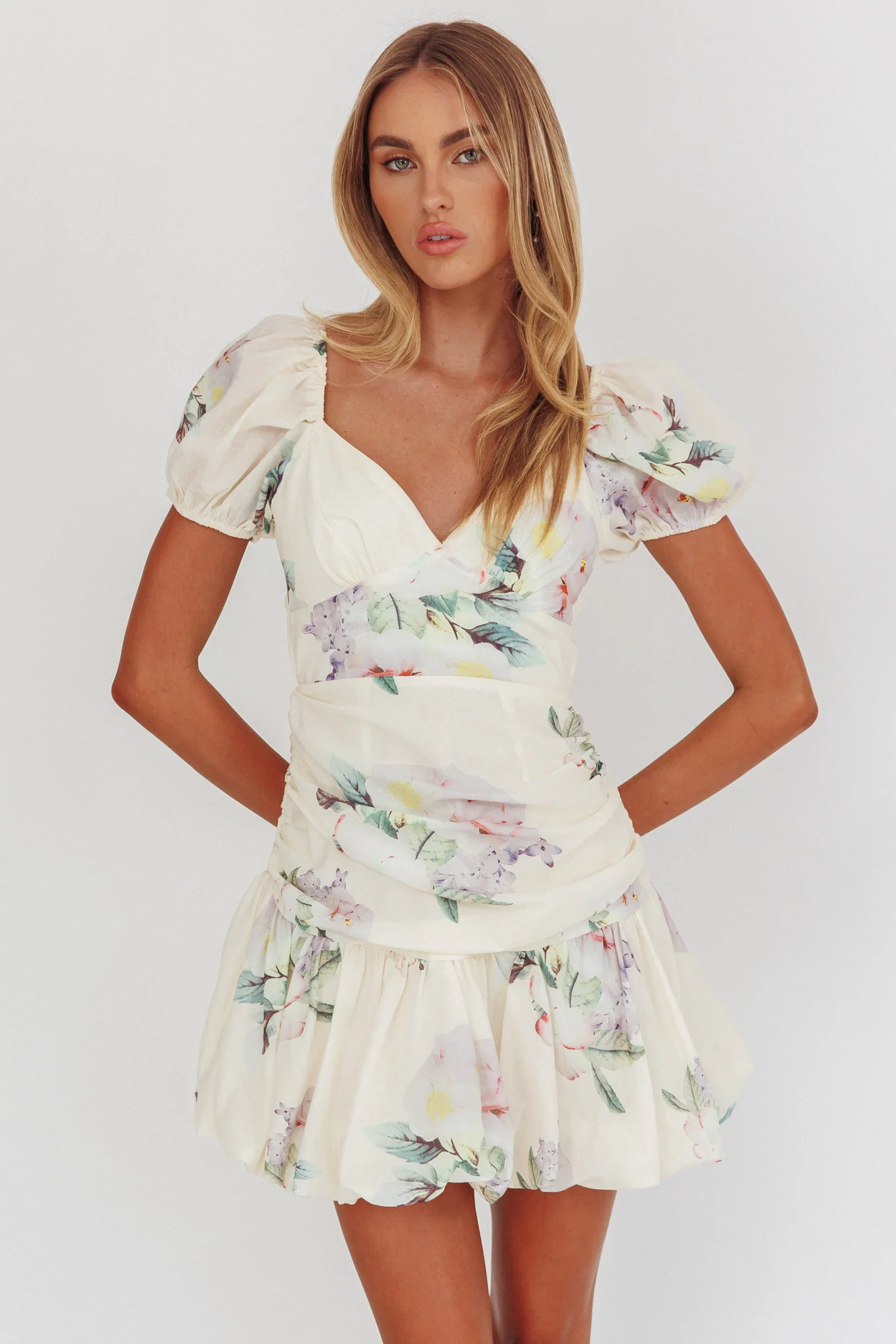 Annabella Puff Sleeve Tied Back Mini Dress Floral Butter