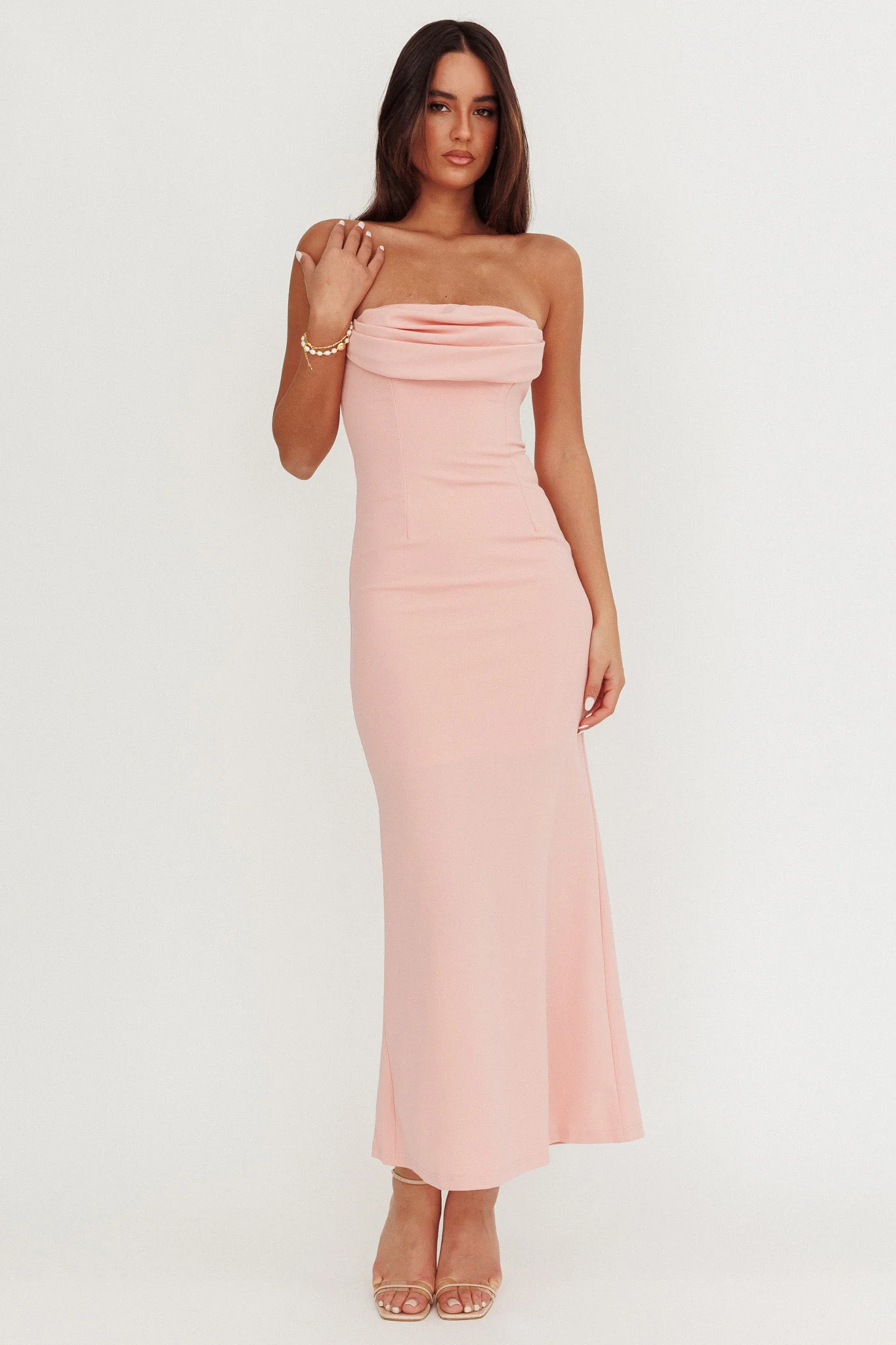 Well Versed Strapless Pleat Bust Maxi Dress Pink