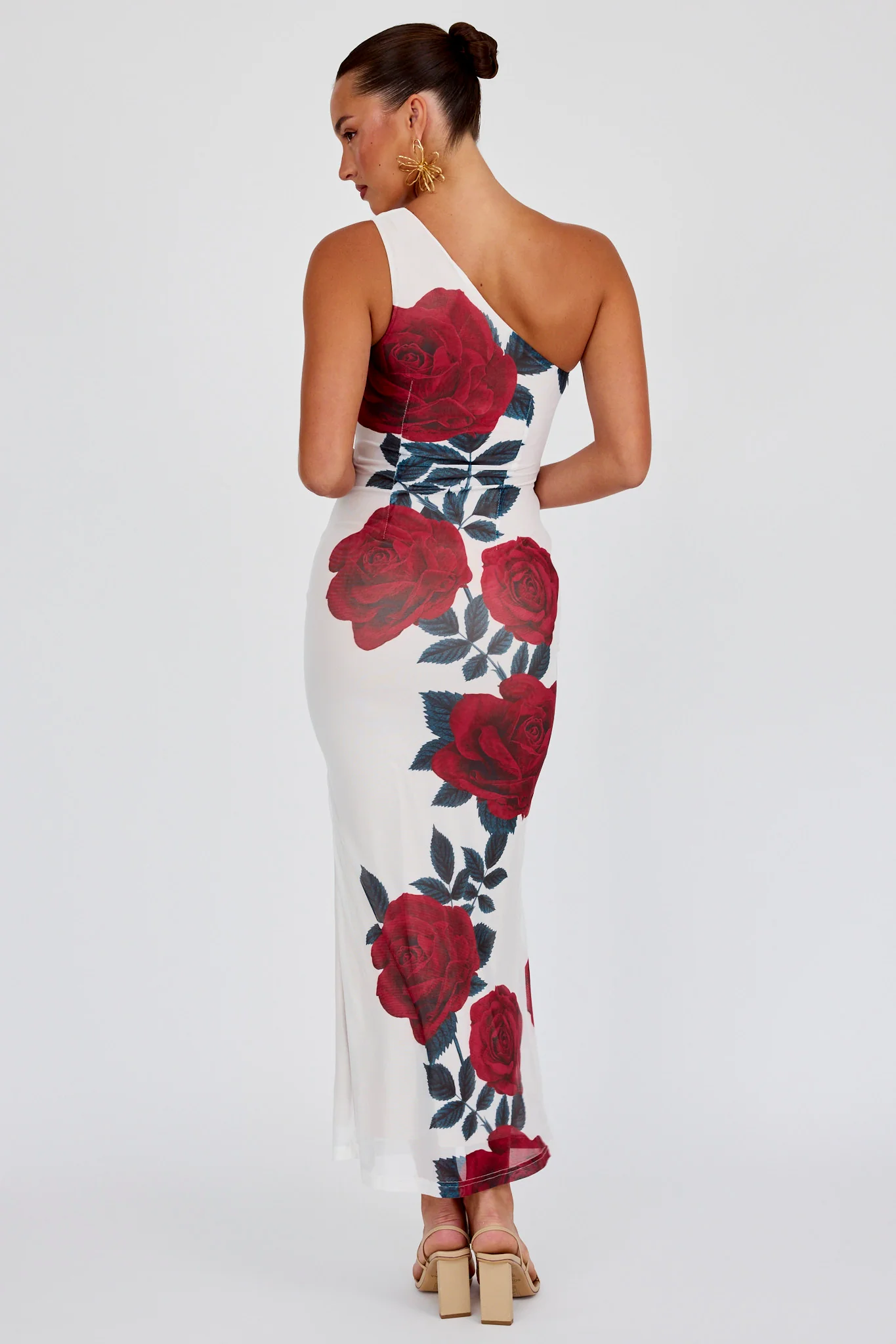 Desiree One Shoulder Mesh Maxi Dres Rose