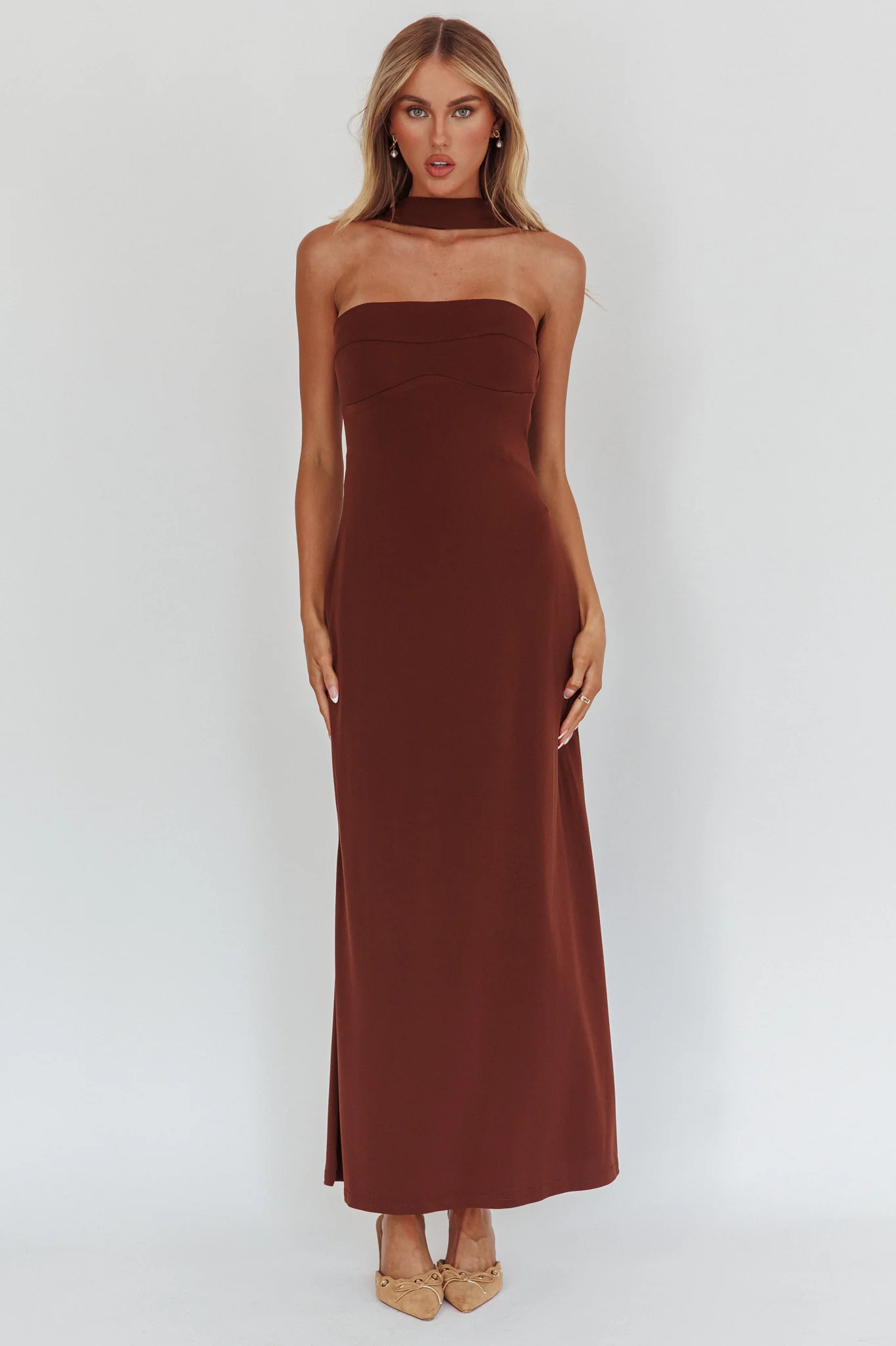 Damsel Reverse Halter Maxi Dress Chocolate