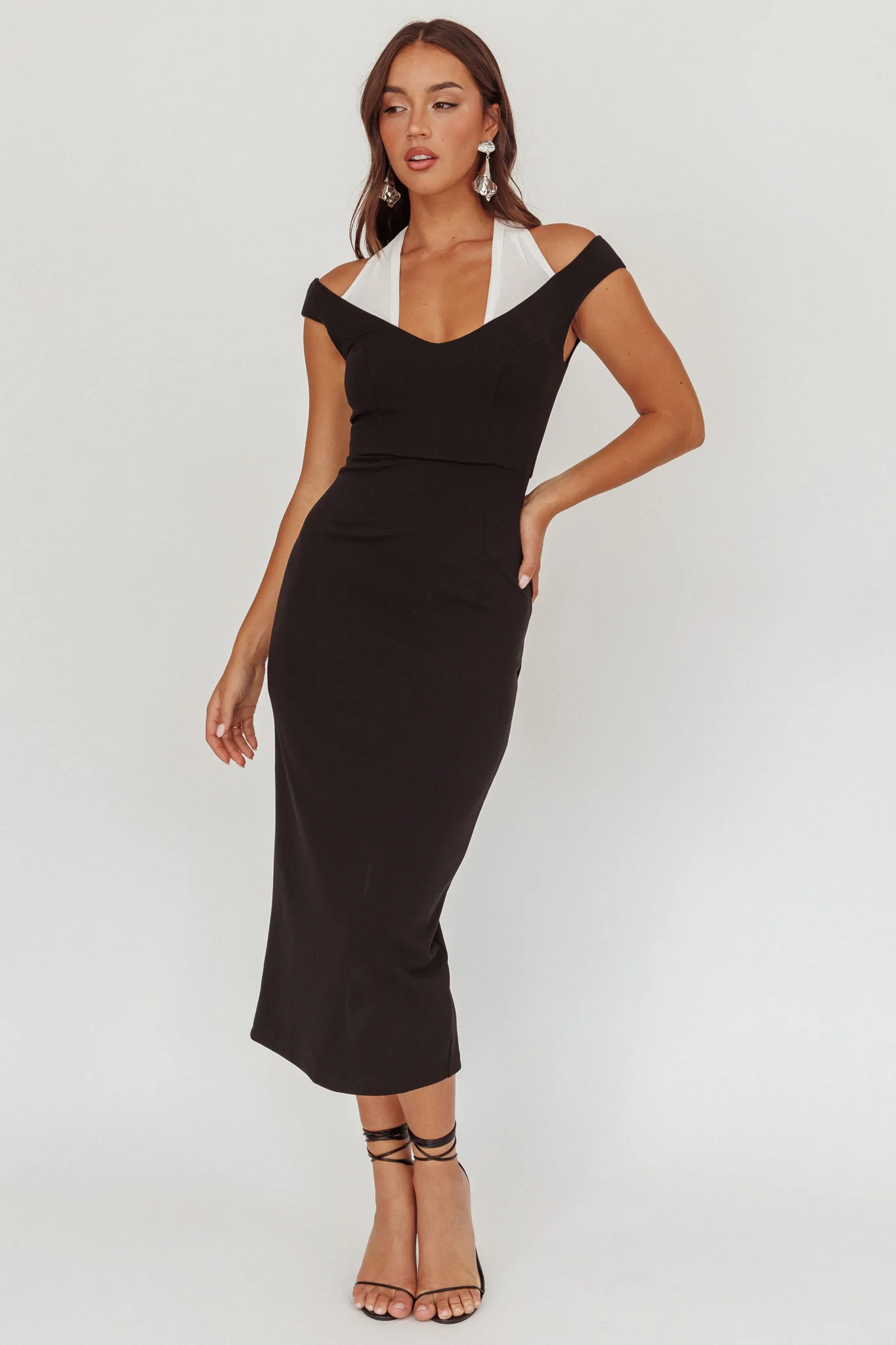Tyla Contrast Mesh Halter Midi Dress Black