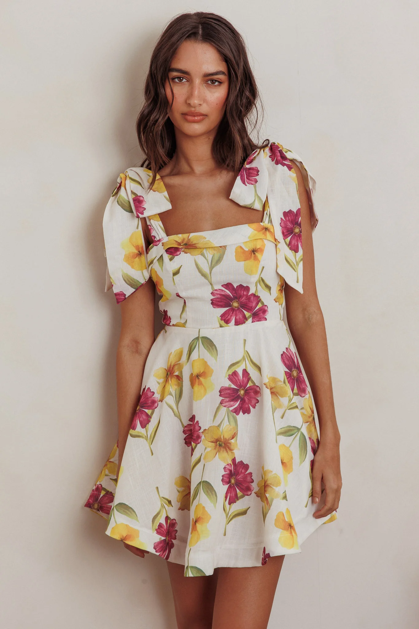 Jeanie Tied Shoulder Mini Dress Flower Purple