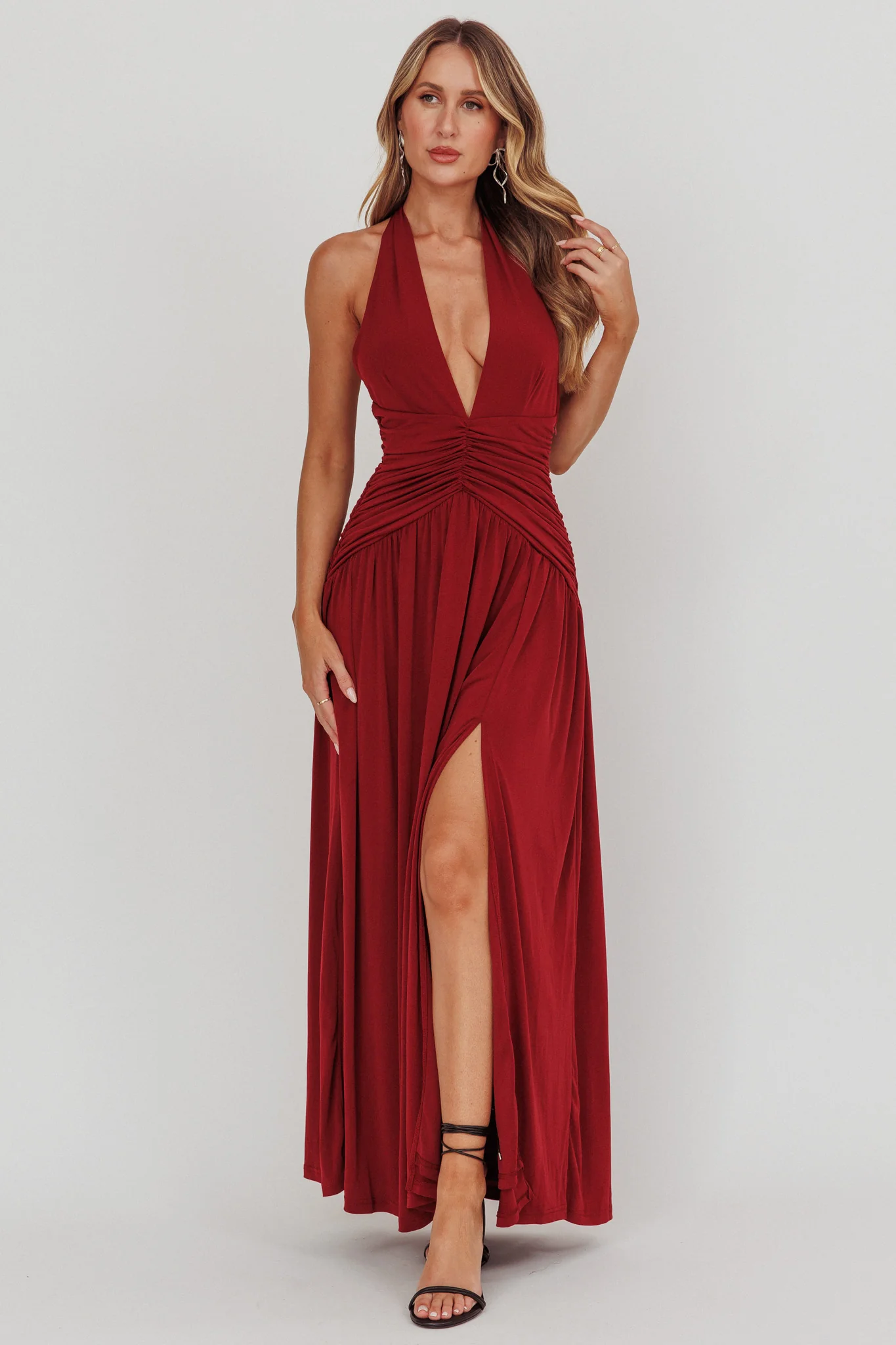 Italia Azure Gathered Waist Maxi Dress Wine