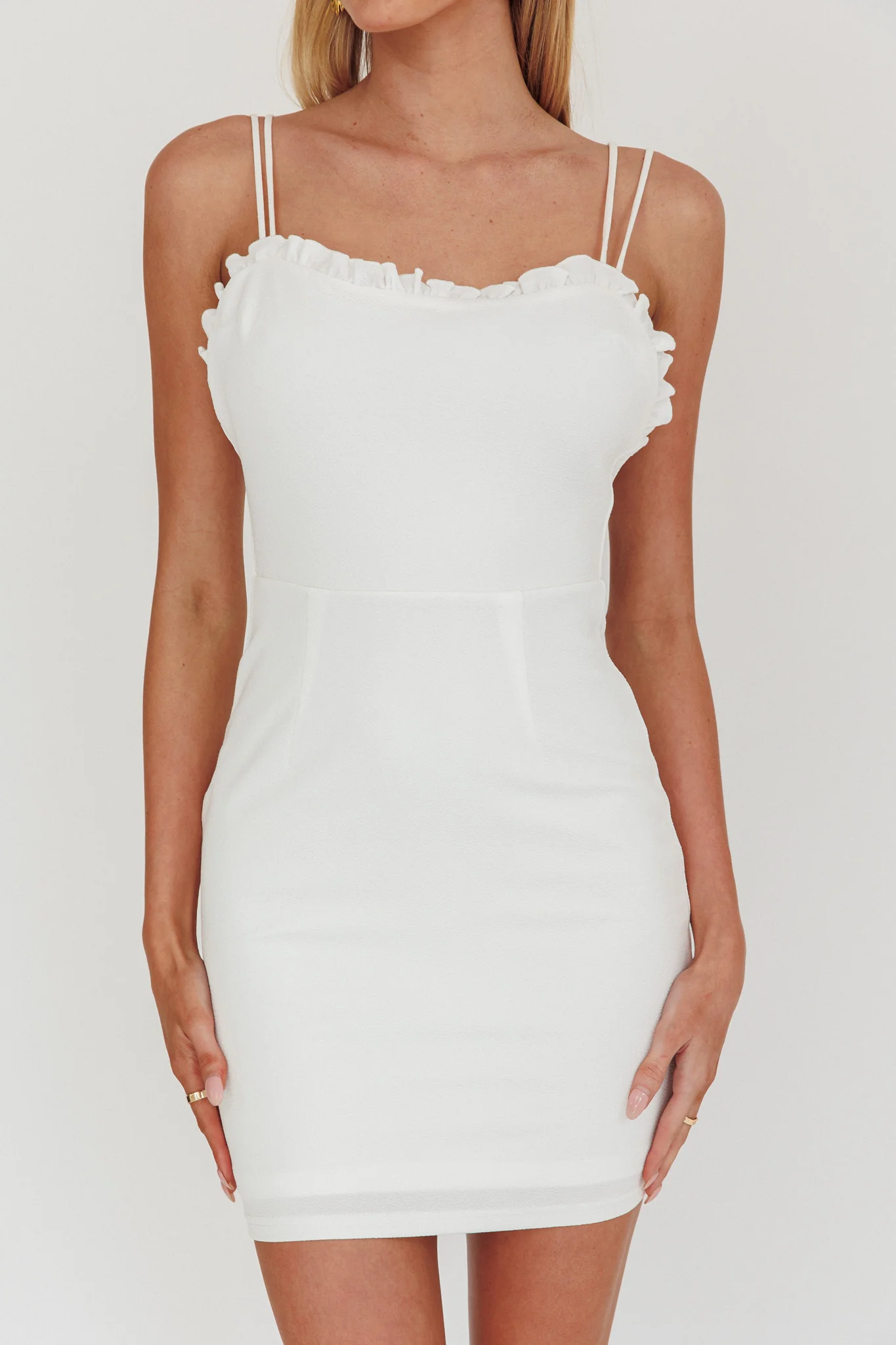 Cher Frill Neckline Double Strap Mini Dress White