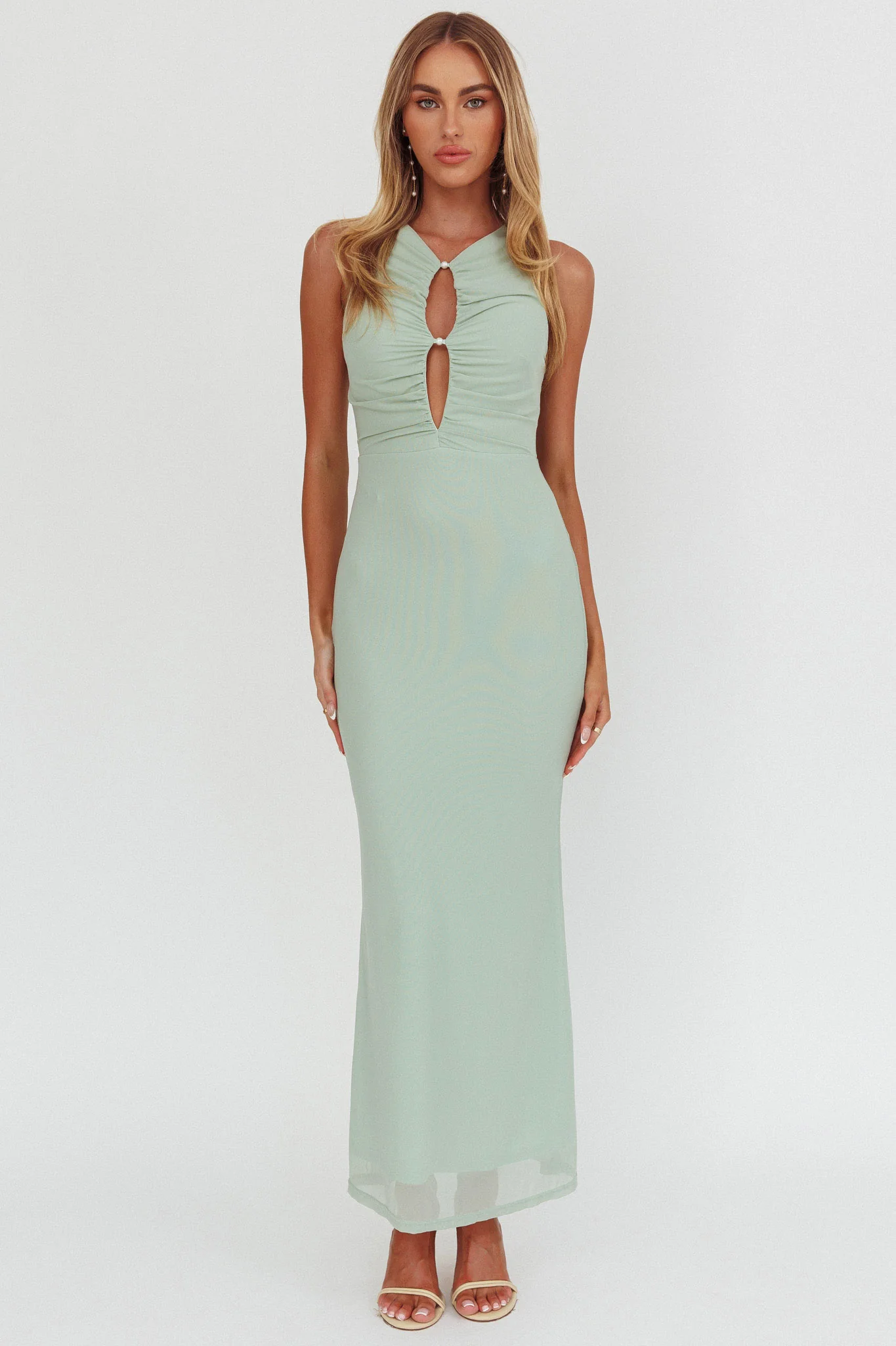 Piece Of Heaven Sleeveless Keyhole Mesh Maxi Dress Sage