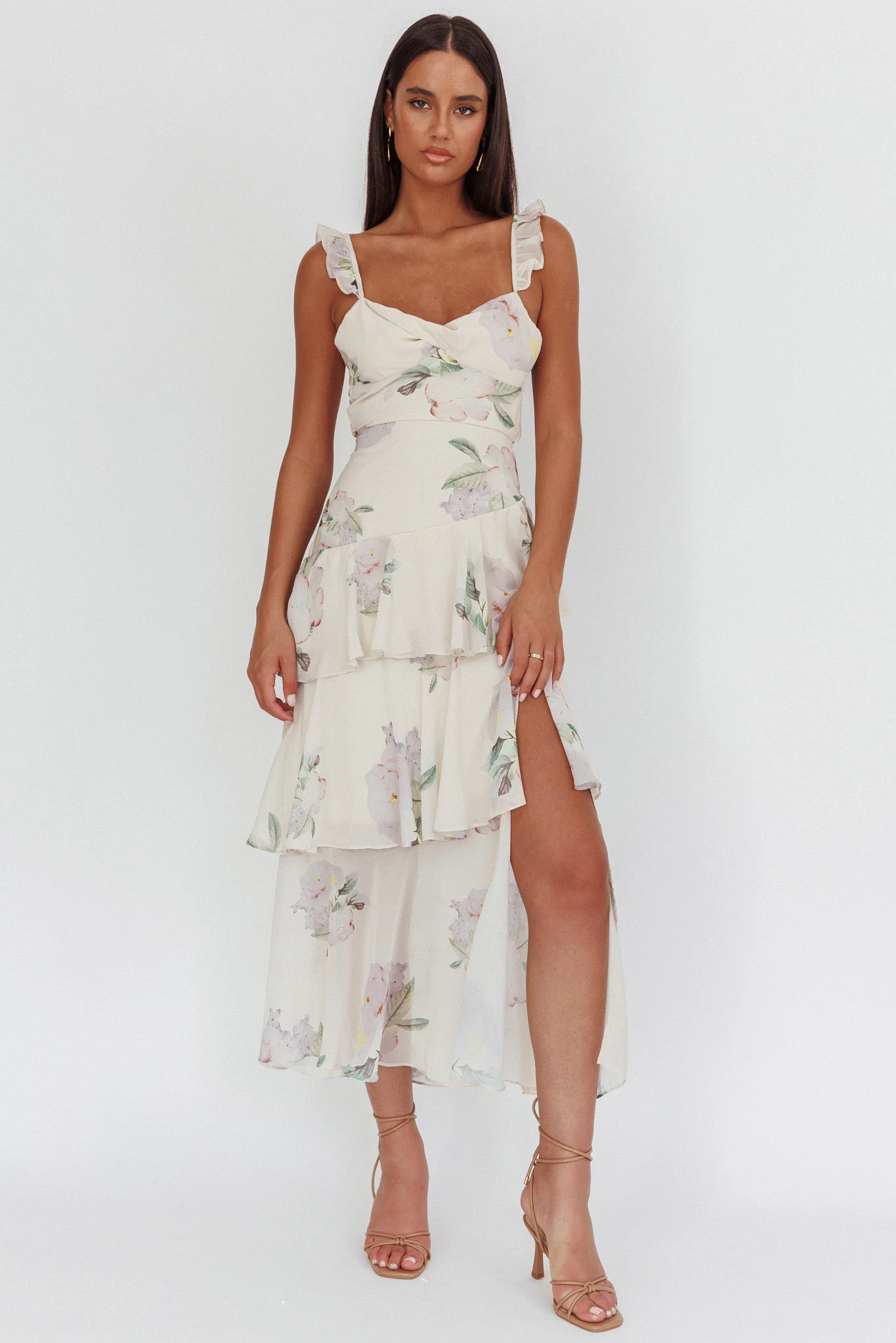 Veda Ruffle Strap Split Maxi Dress Magnolia Cream