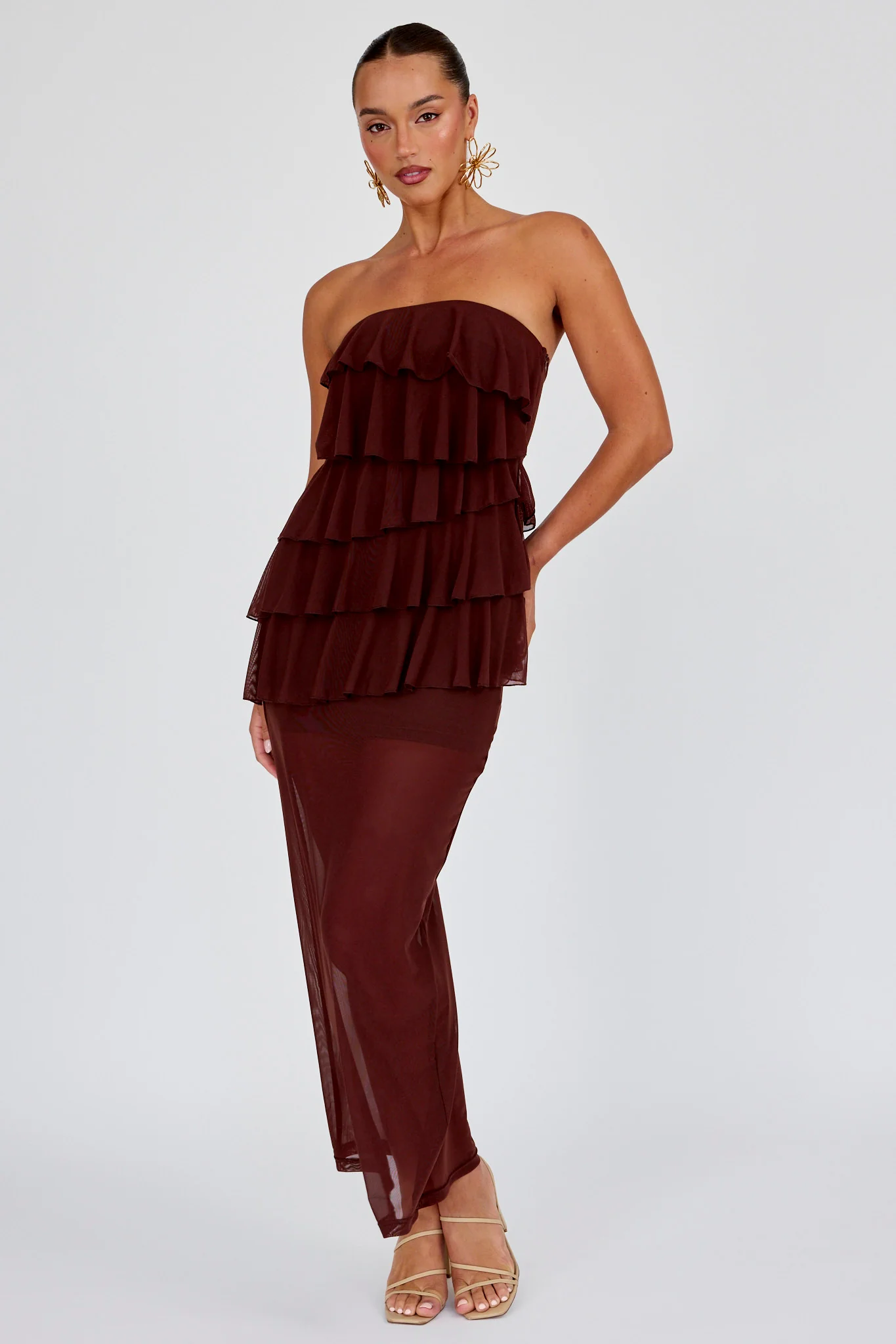 Crewe Strapless Ruffle Maxi Dress Chocolate