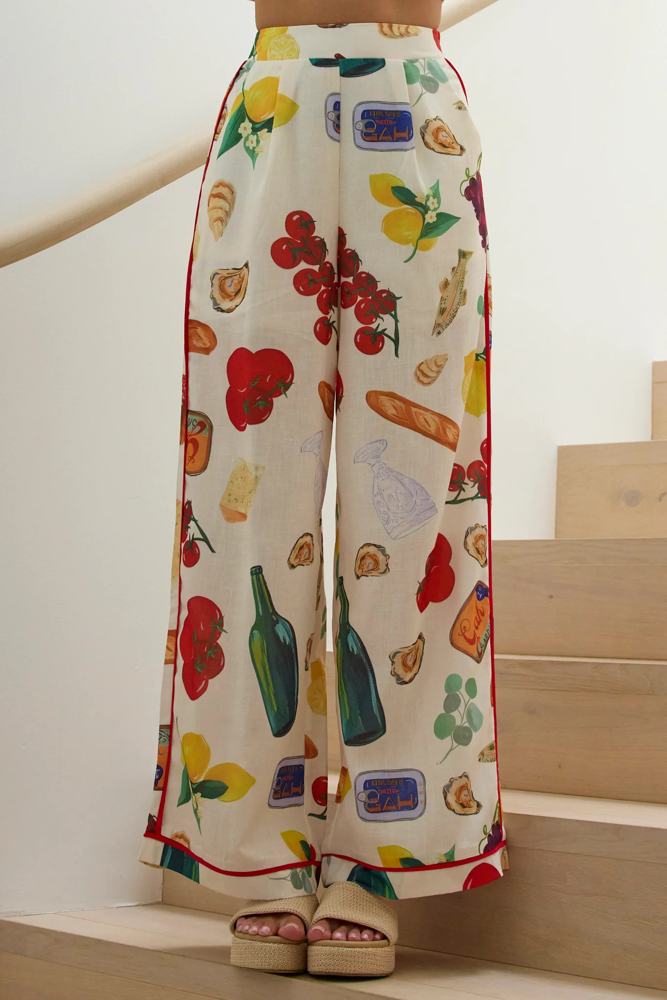 Canyons Piping Trim Wide Leg Pants Print Beige