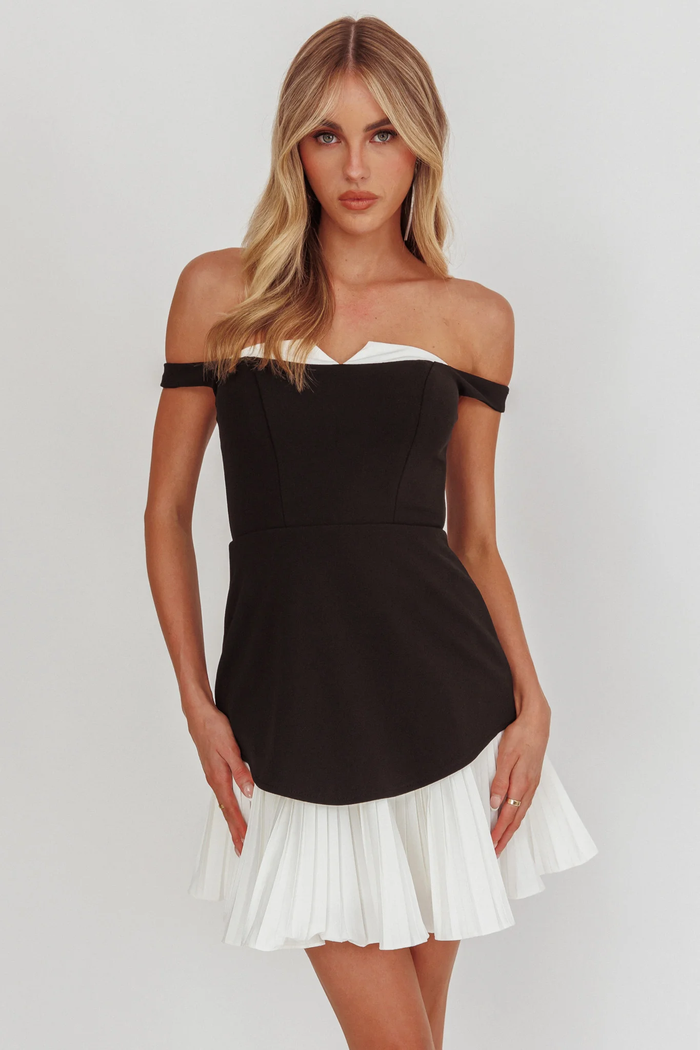 Devoted Love Pleat Hem Mini Dress Contrast Black