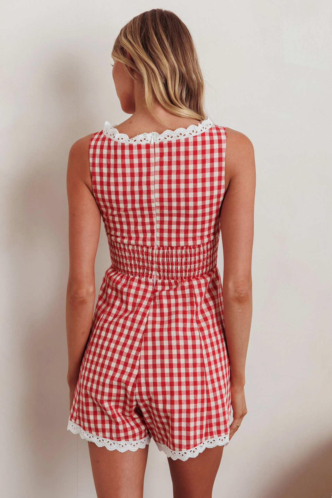 Loving Me Sleeveless Romper Gingham Red