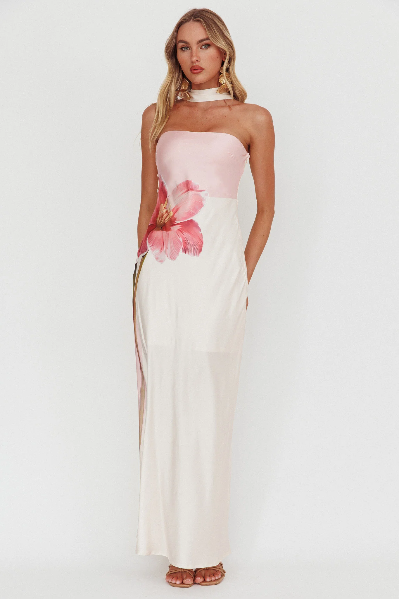 Damsel Reverse Halter Maxi Dress Flower Pink