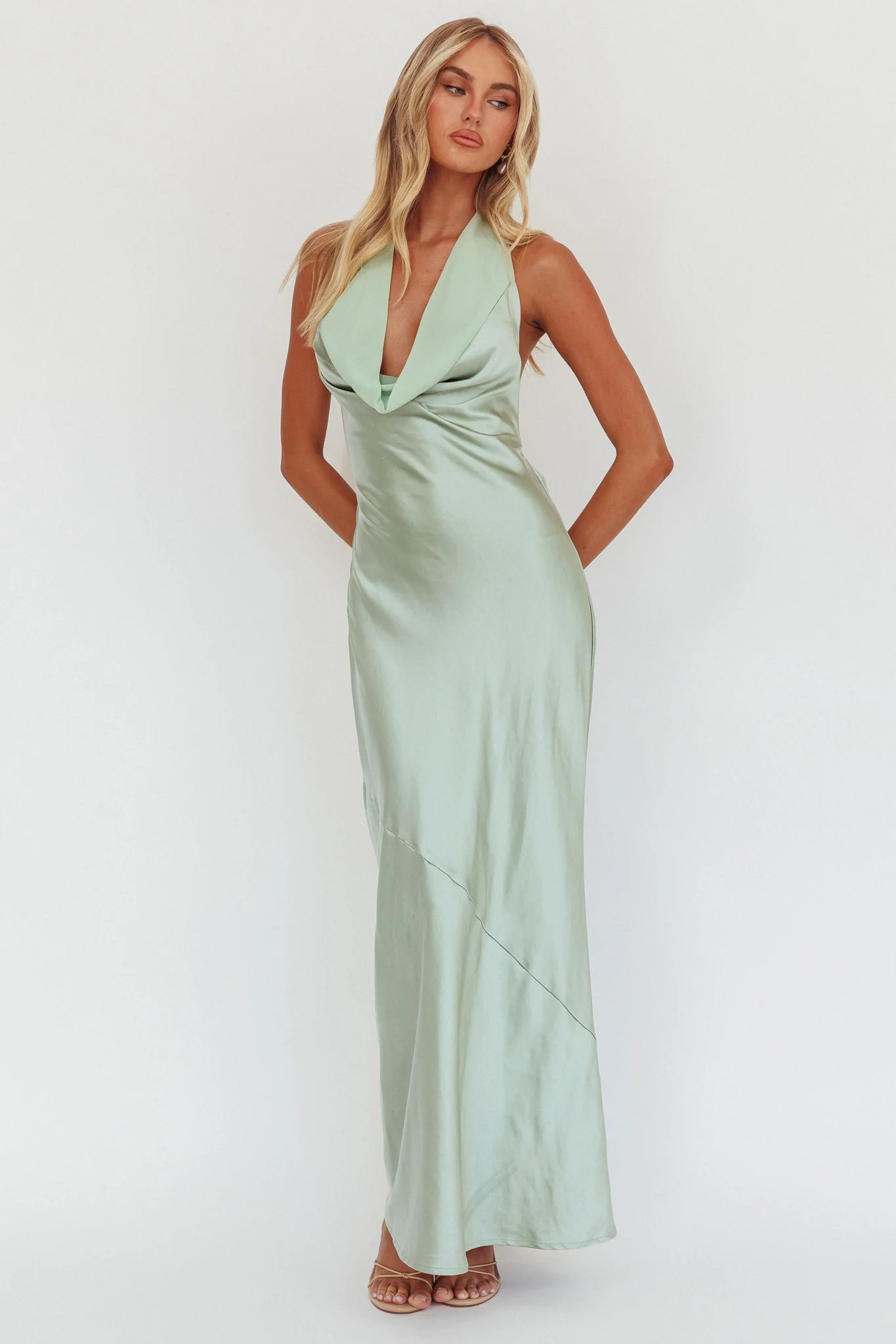Leading Lady Open Back Cowl Maxi Dress Sage