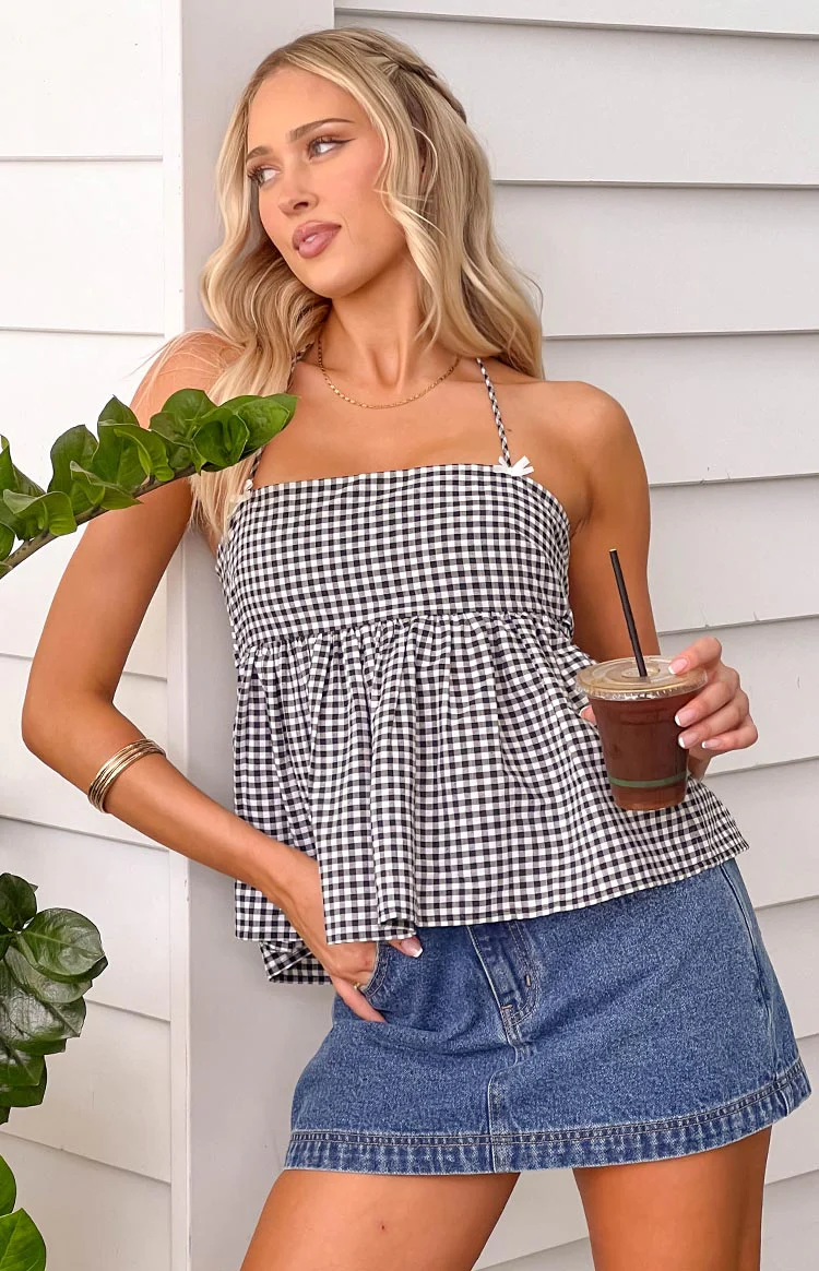 Aspen Black Gingham Halter Top