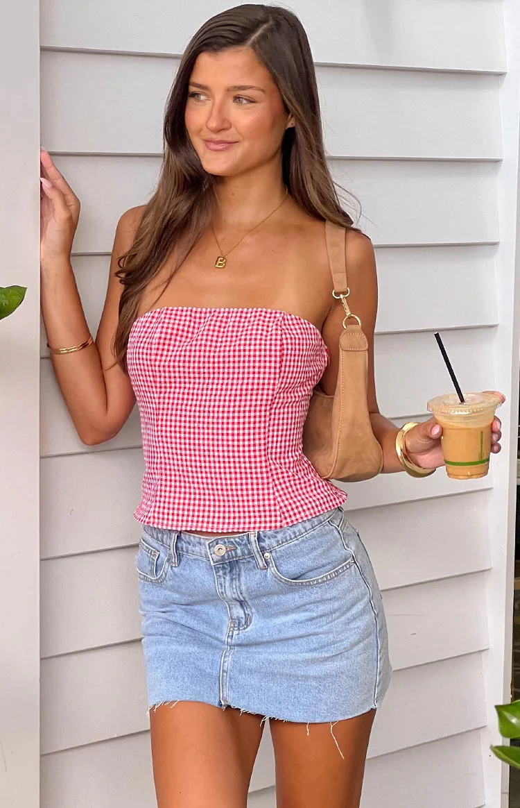 Paisley Red Gingham Strapless Top