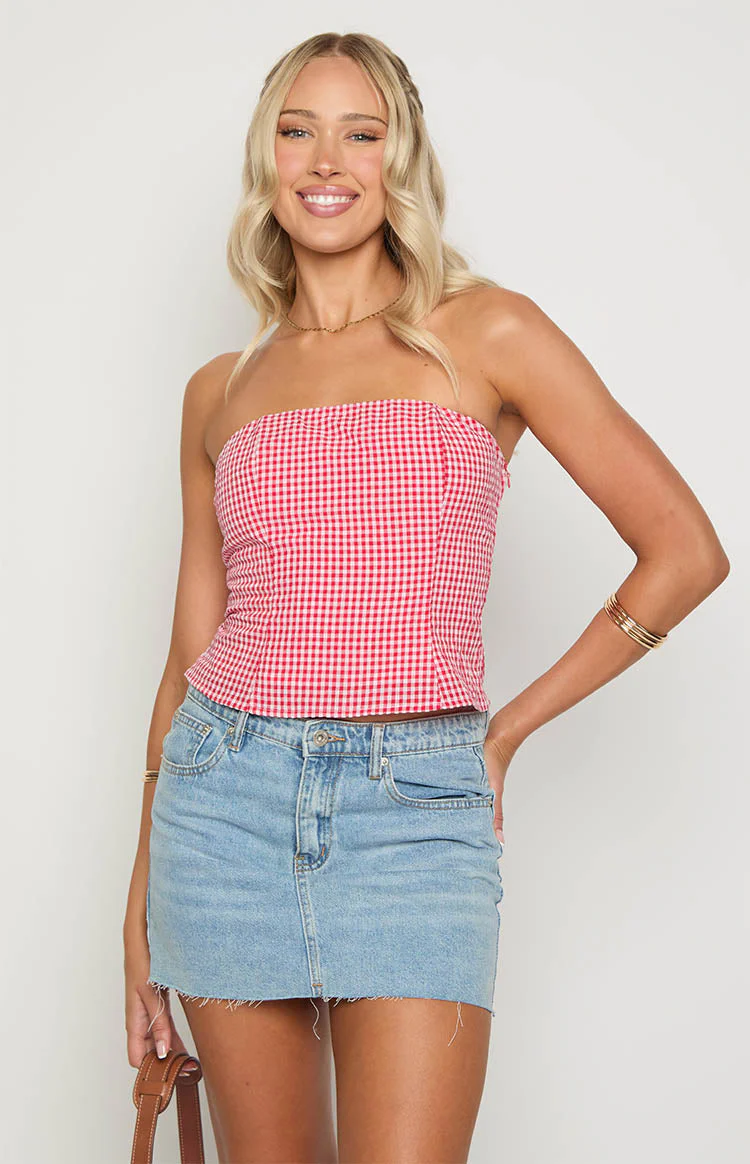 Paisley Red Gingham Strapless Top