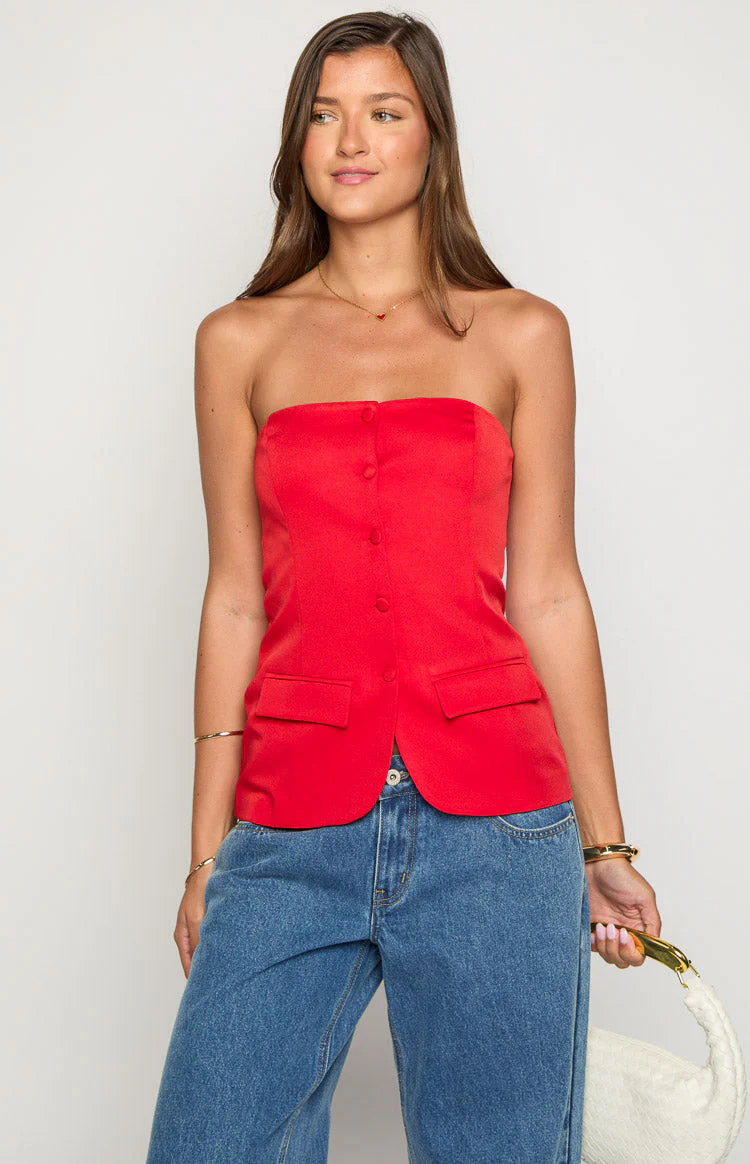 Dien Red Strapless Button Up Top