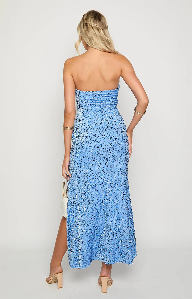 Rita Blue Sequin Strapless Maxi Dress