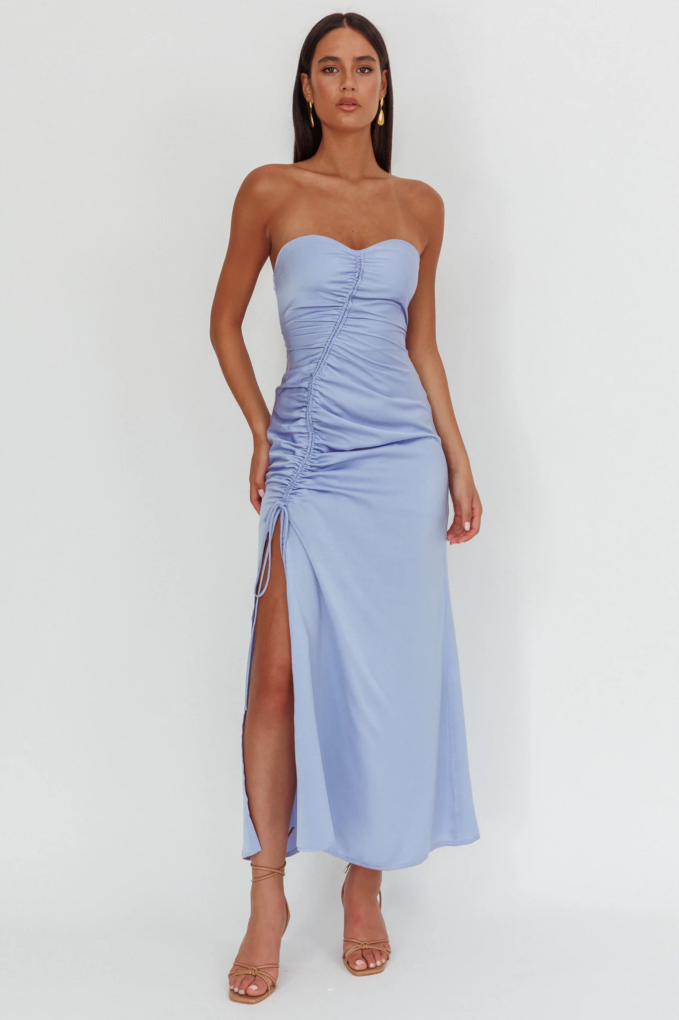 Molinda Strapless Ruched Drawstring Maxi Dress Blue