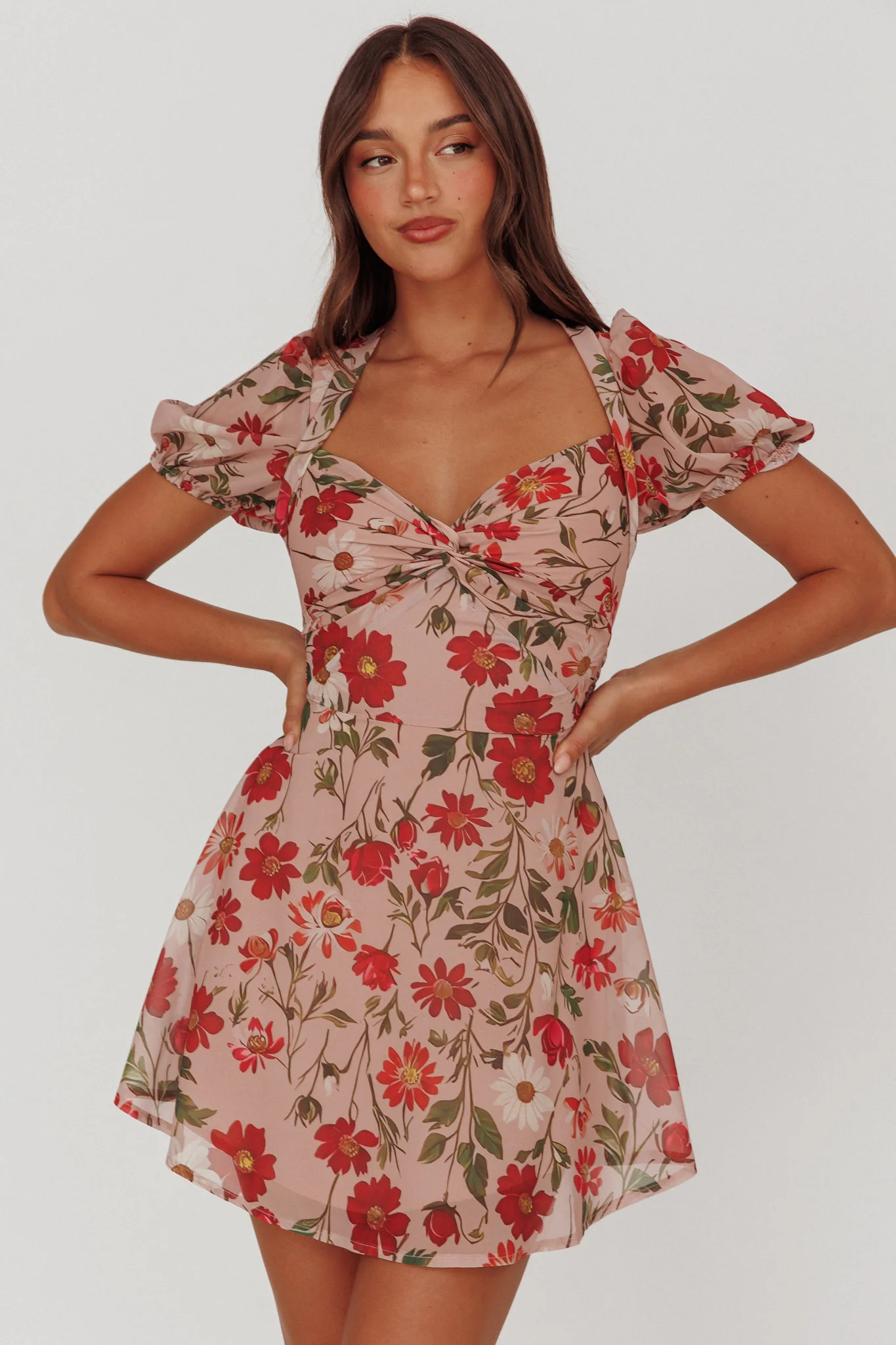 Dillon Twist Bust Mini Dress Floral Beige
