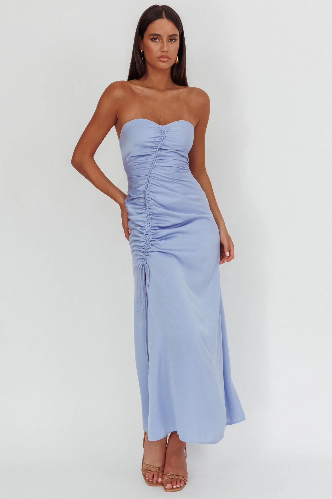 Molinda Strapless Ruched Drawstring Maxi Dress Blue