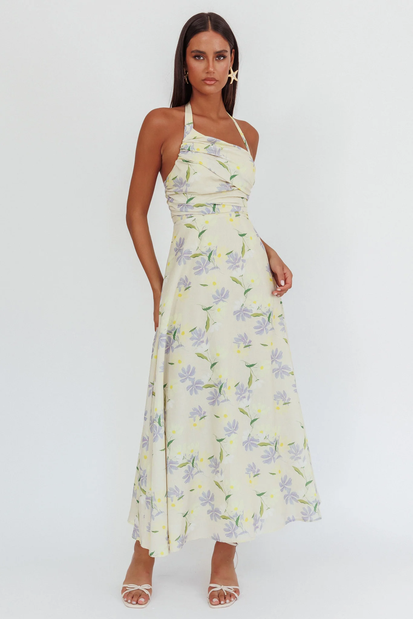 Auriana Asymmetric Neckline Halter maxi Dress Floral Lemon