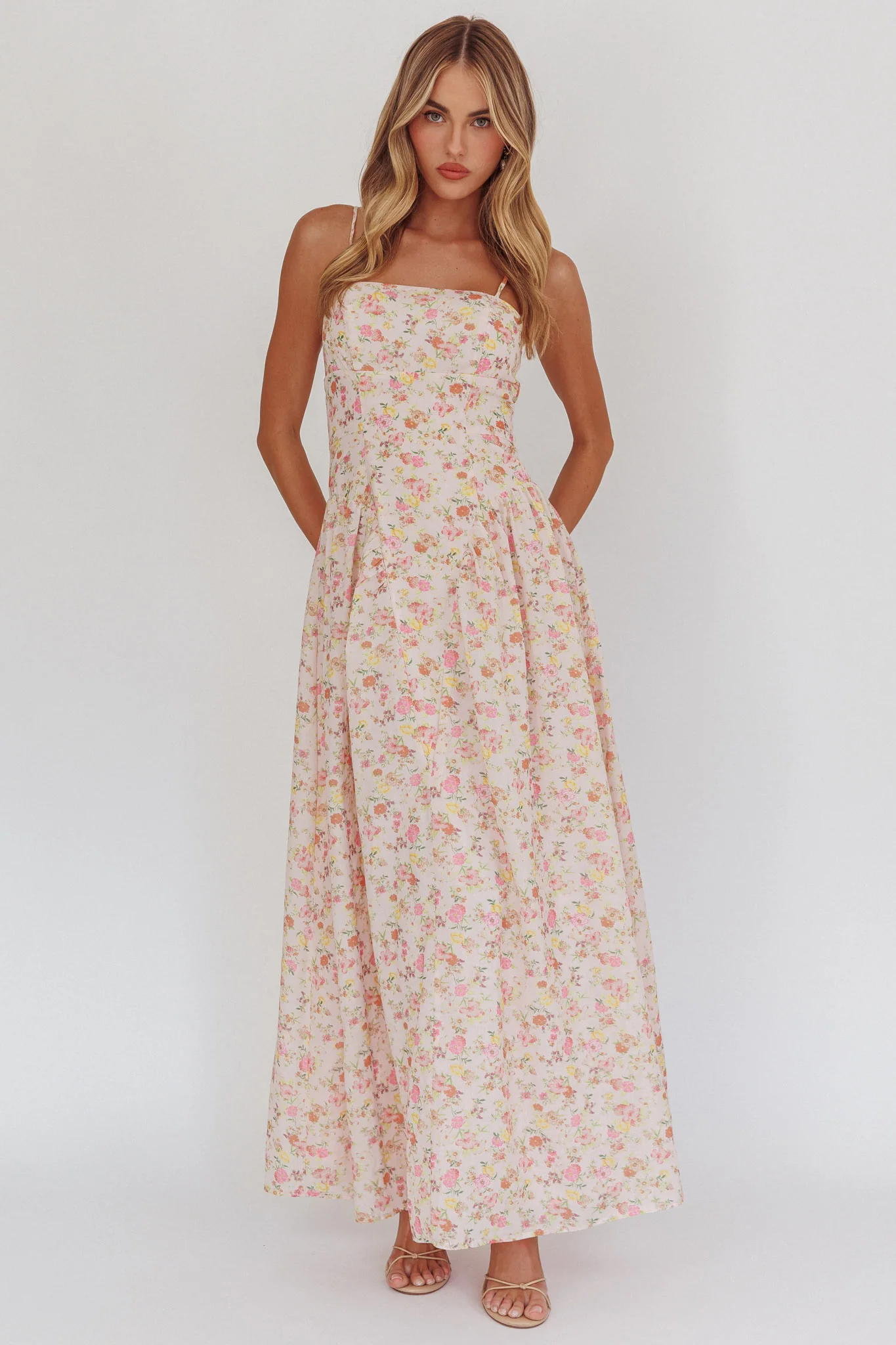 Daisy Day Basque Waist Maxi Dress Floral Pink