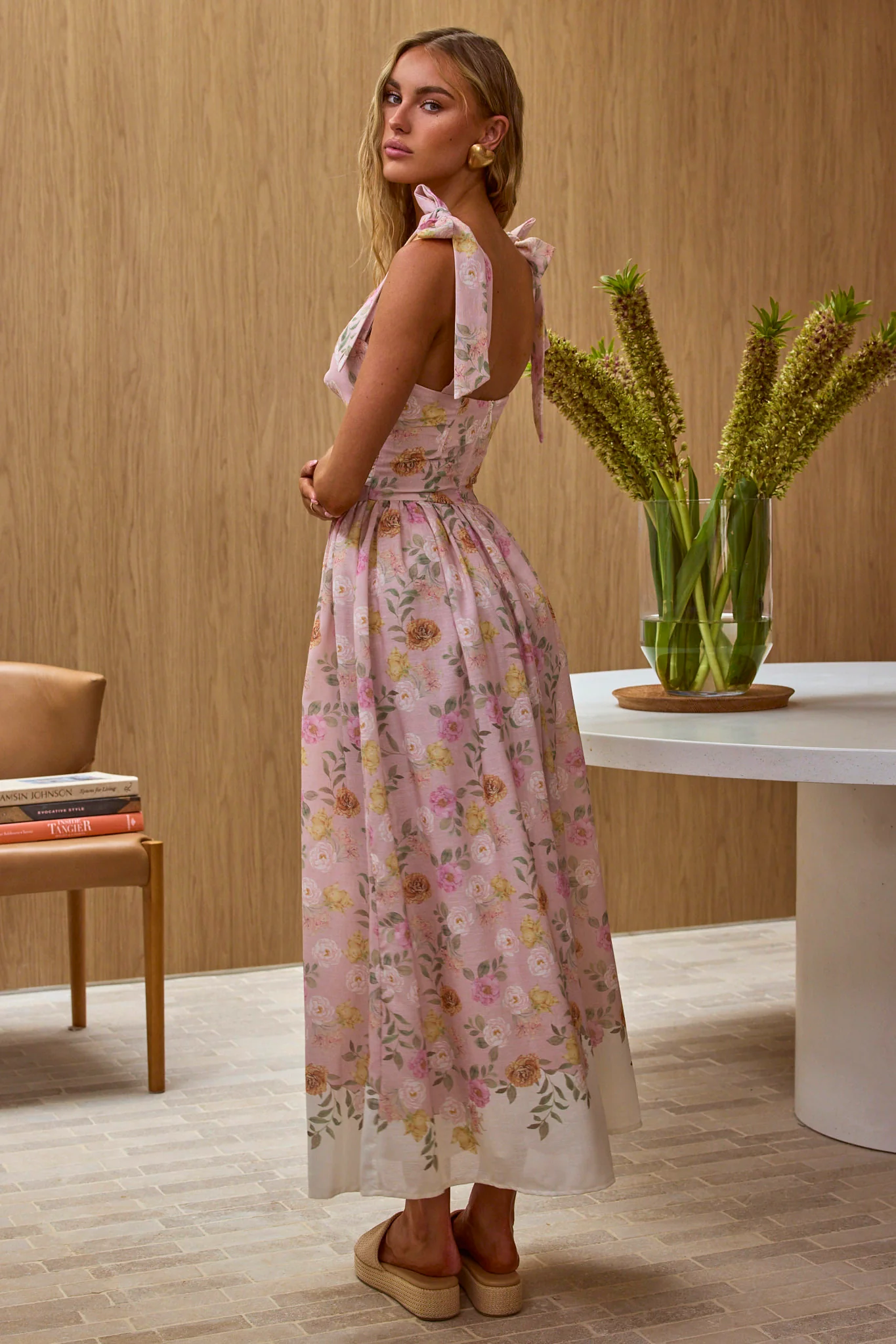 Dua Tied Shoulder Maxi Dress Floral Peach