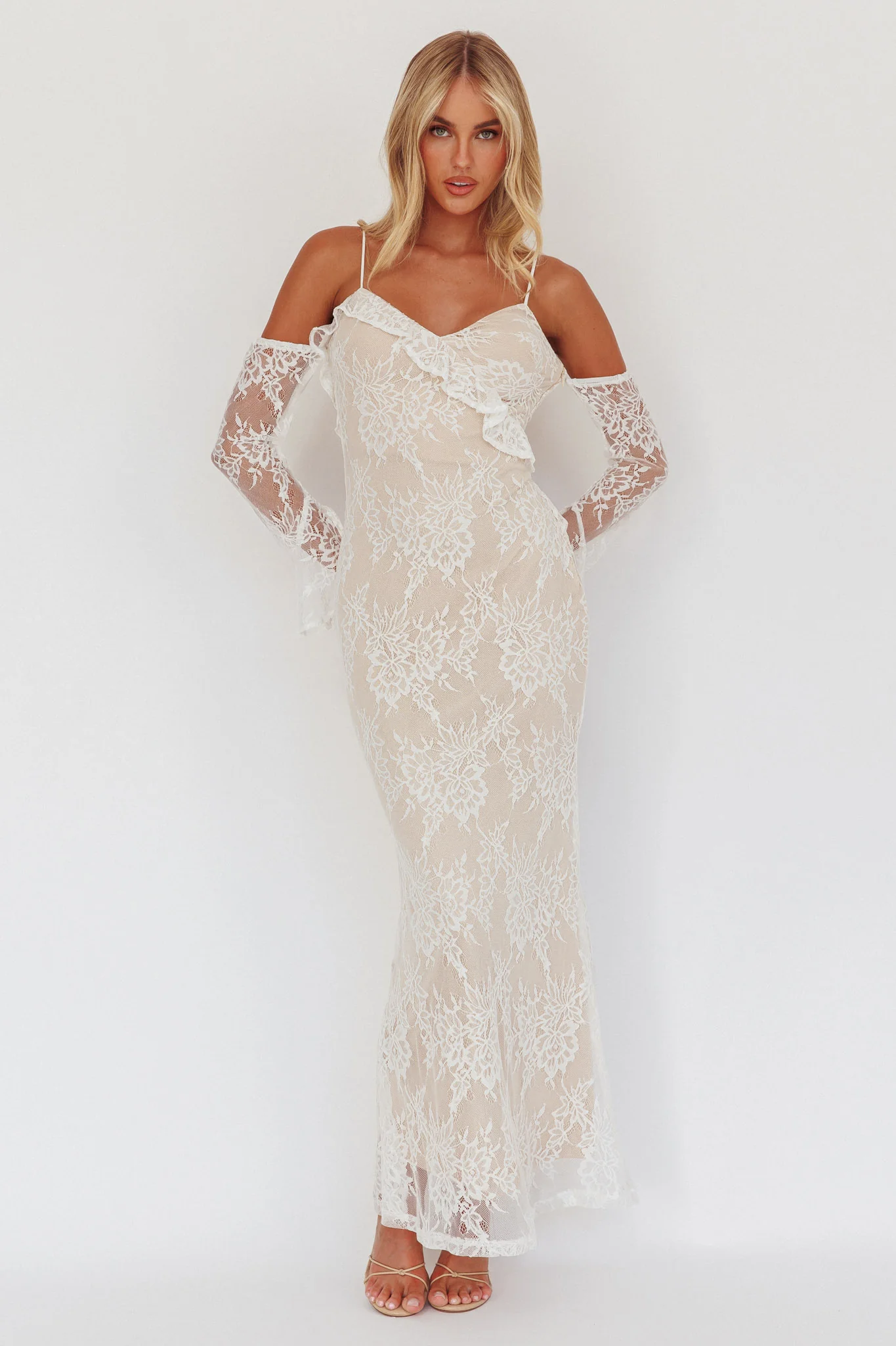 Zarah Off-Shoulder Sleeve Lace Maxi Dress White