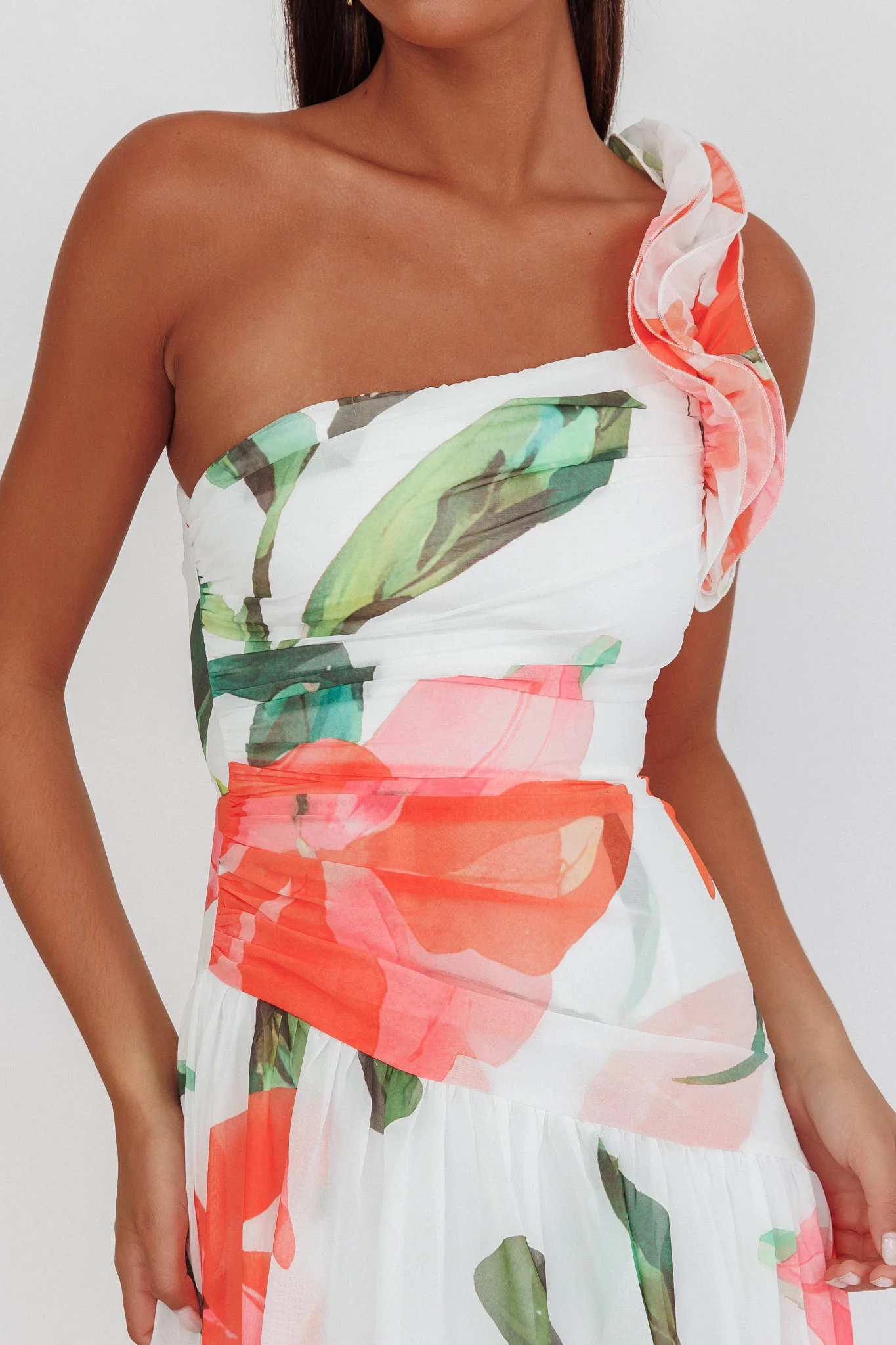 Kinley One-Shoulder Ruffle Maxi Dress Floral Red