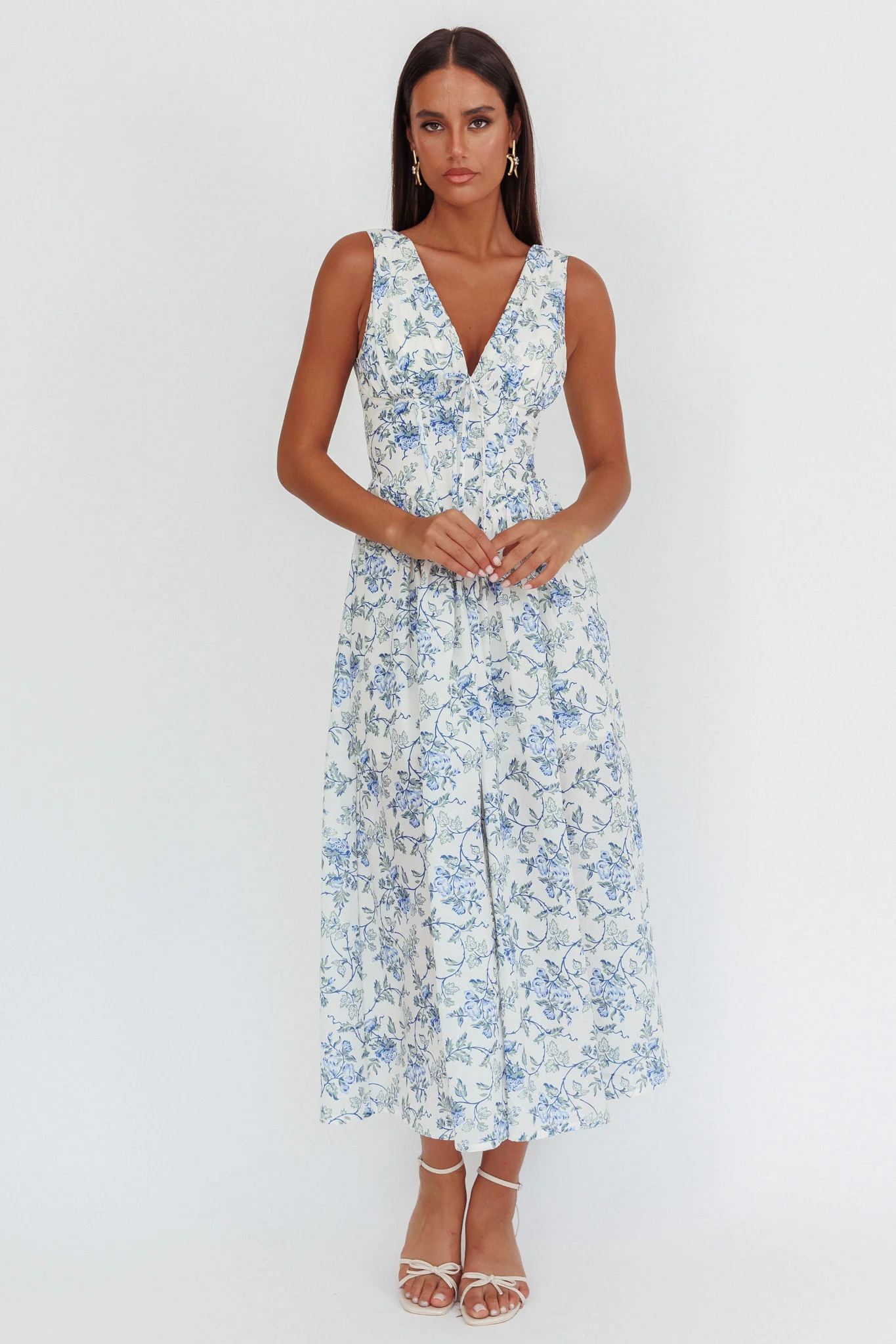 Spring Dawn Basque Waist Maxi Dress Floral Blue
