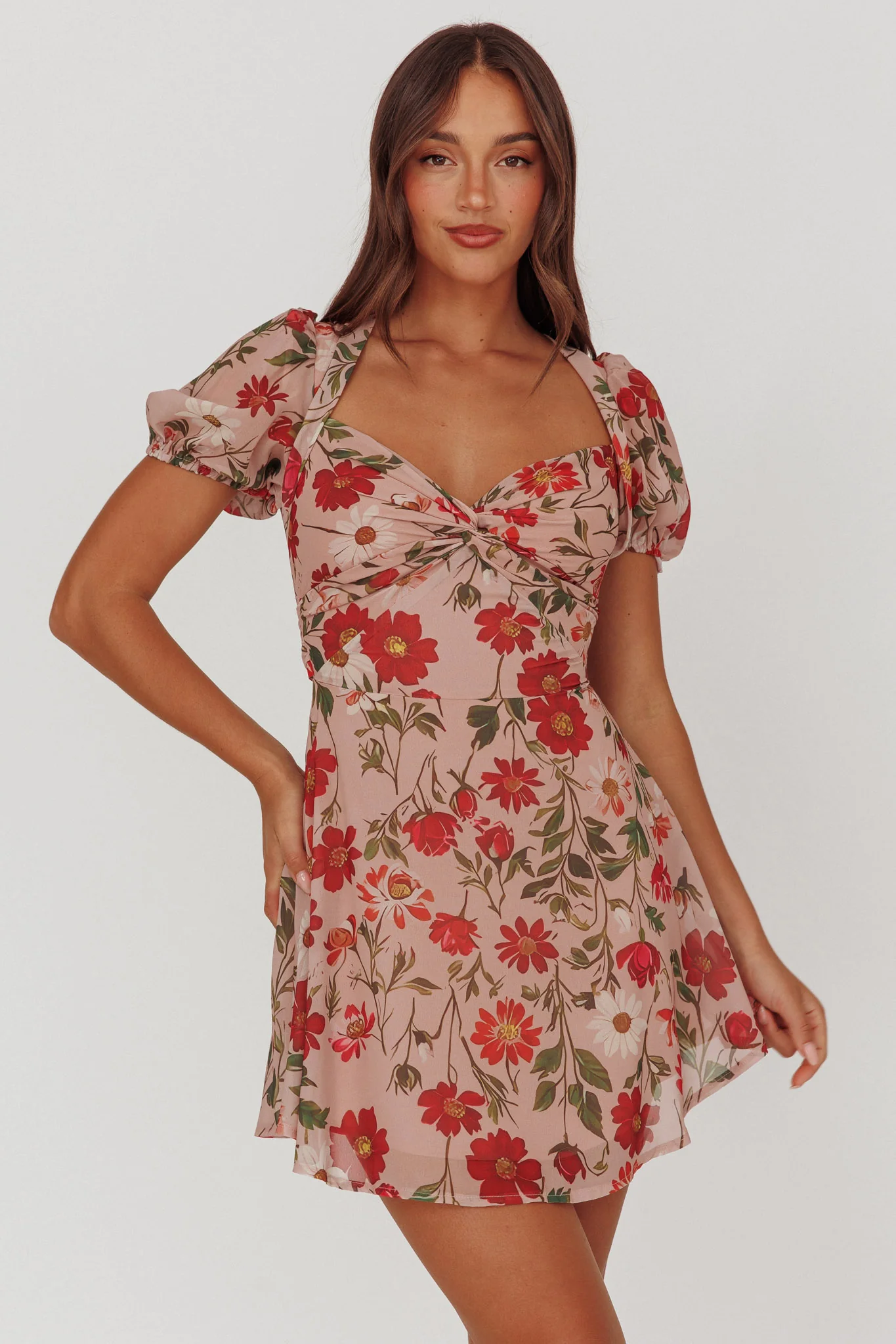 Dillon Twist Bust Mini Dress Floral Beige