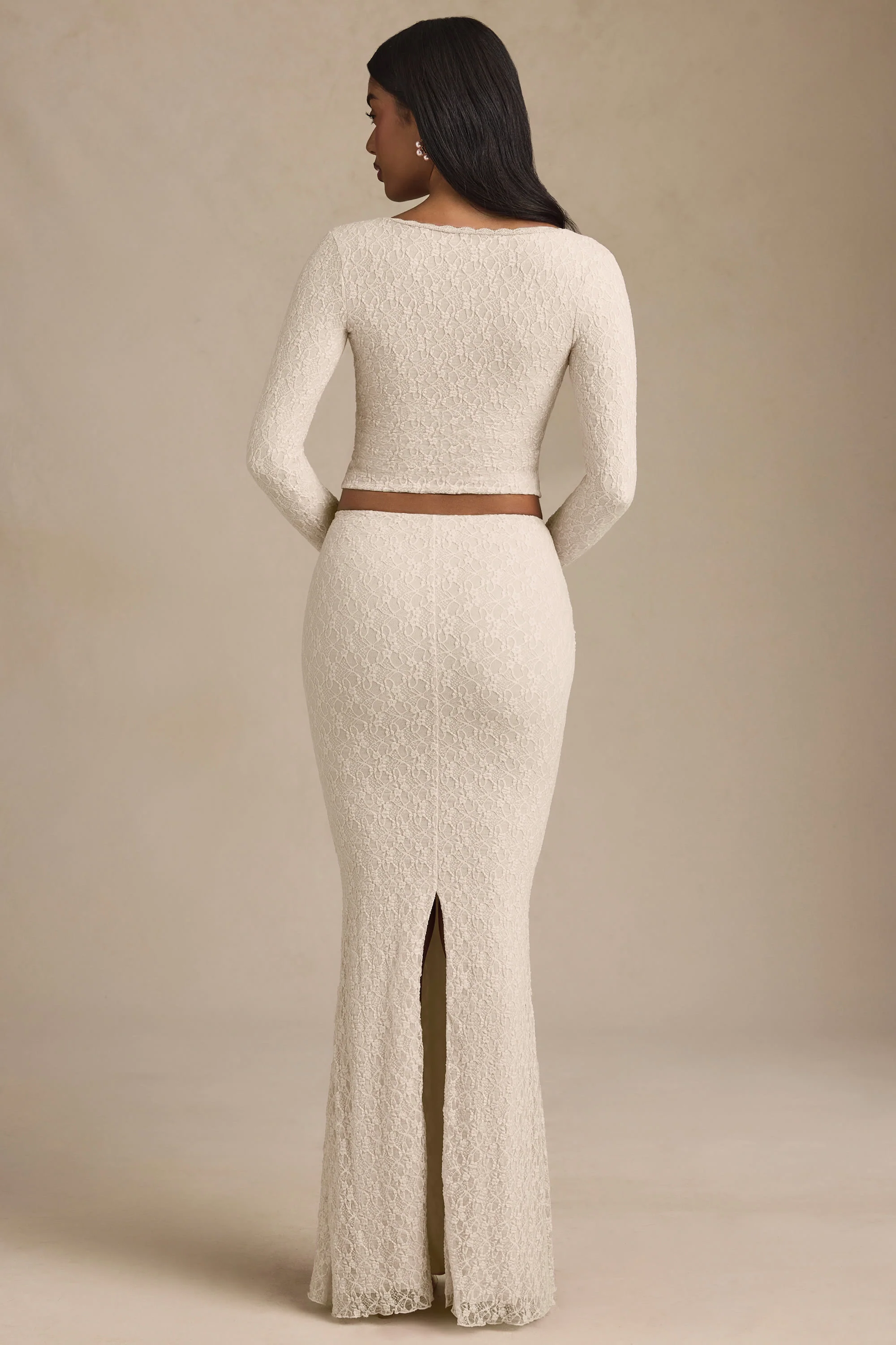 Draped Low-Rise Lace Maxi Skirt in Ivory