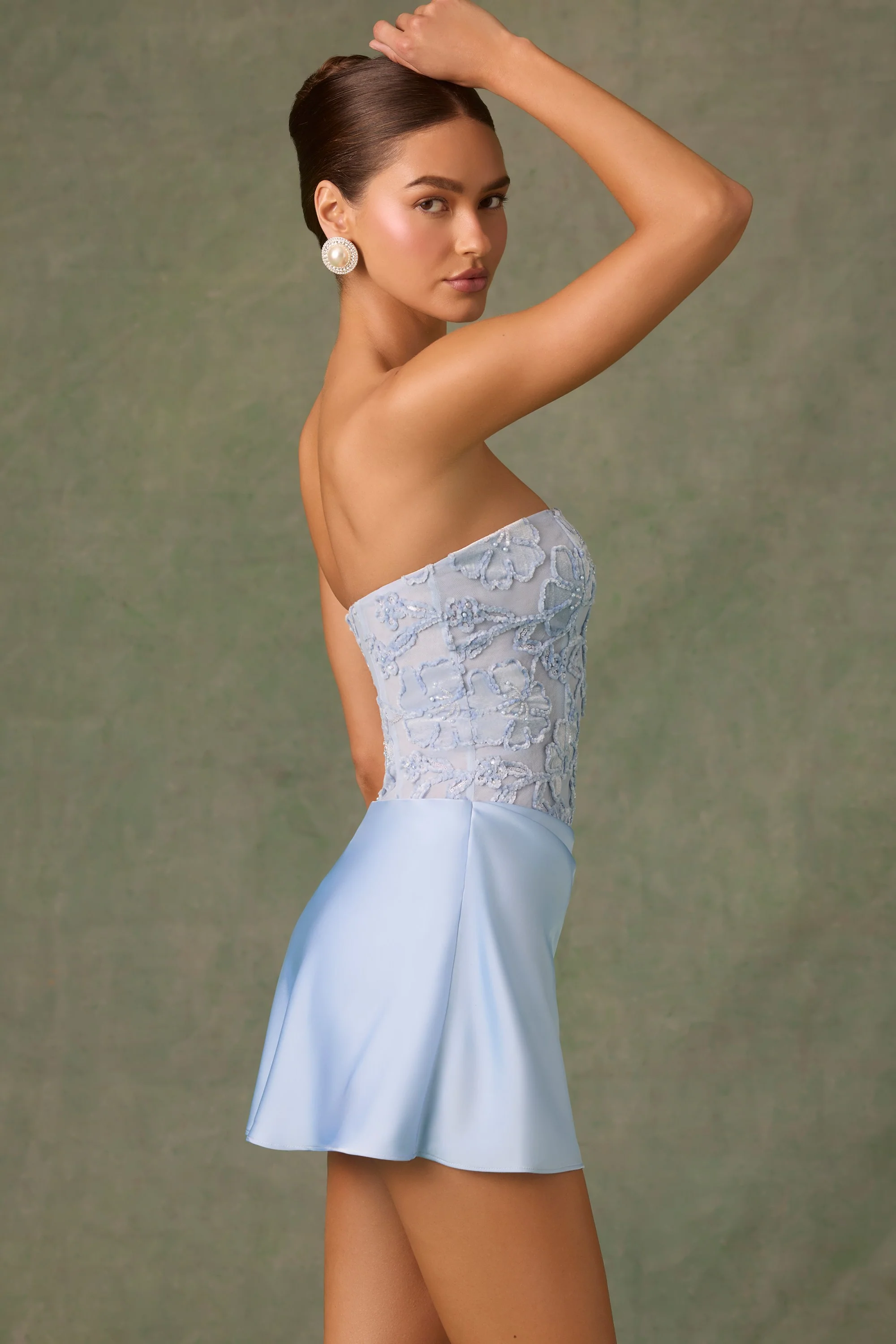 Embellished Draped Strapless A-Line Mini Dress in Sky Blue